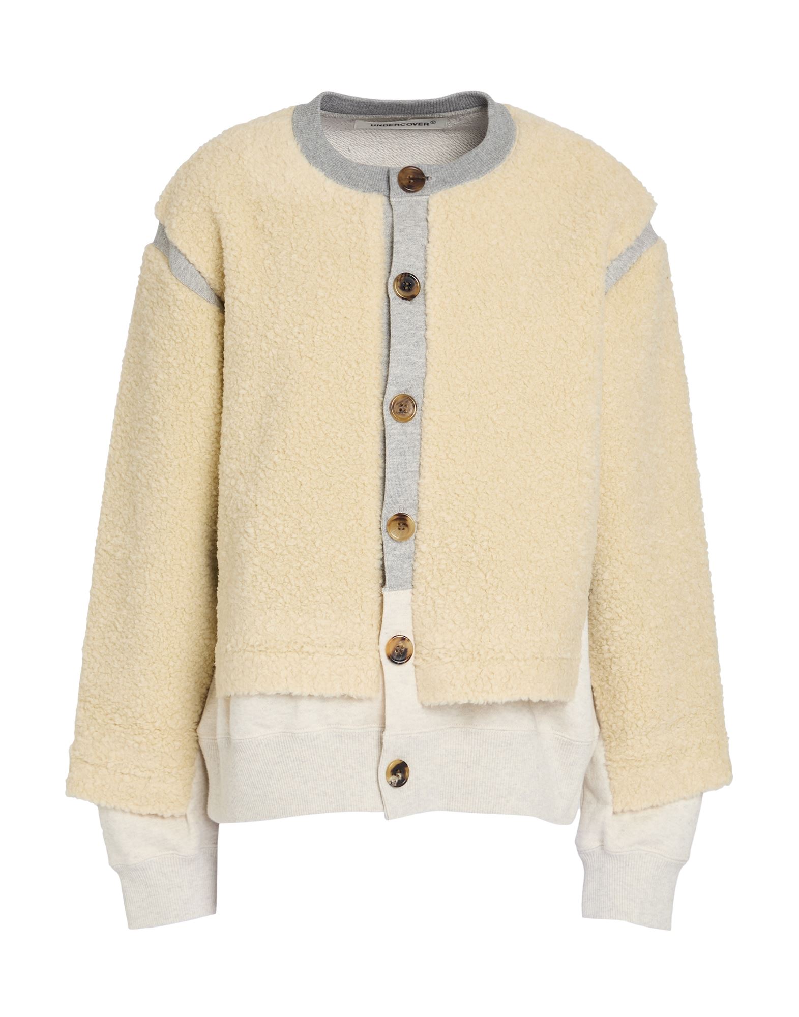 프렌치 테리, 셰르파 원단, 멀티컬러 패턴, 장식 부착 없음, 크루넥, 롱 슬리브, 버튼 여밈, 손세탁 또는 드라이클리닝, 표백 금지, 건조기 사용불가. 이미지