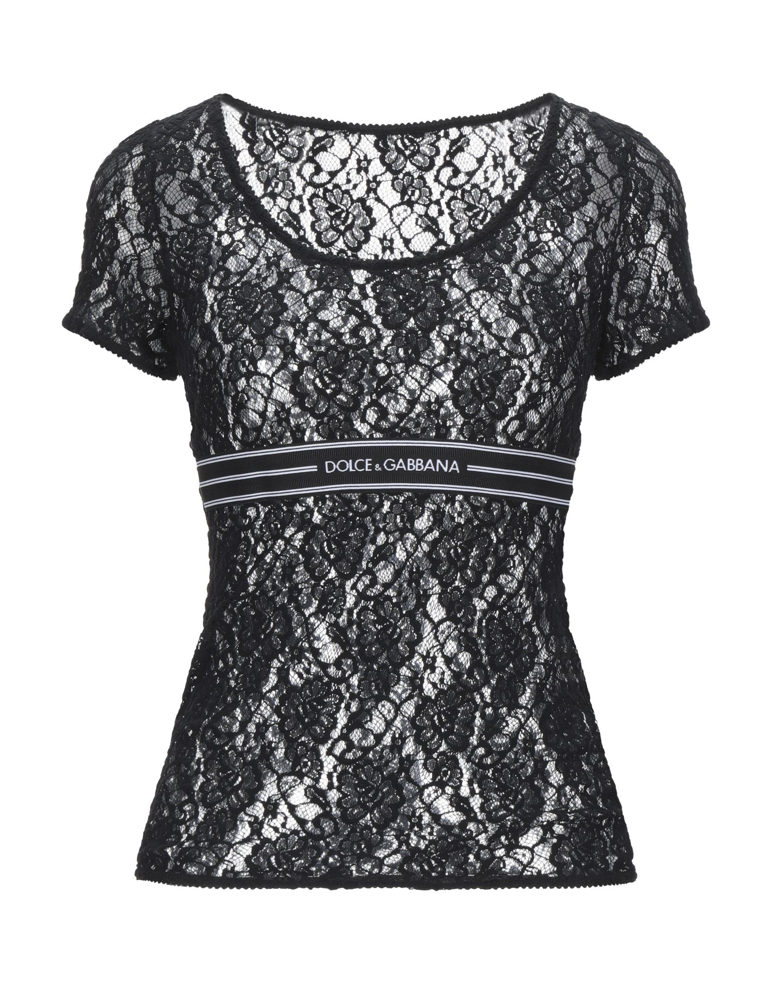 레이스, 로고, 콘트라스트 디테일, 솔리드 컬러, 쇼트 슬리브, 라운드 네크라인, 포켓 없음. 이미지