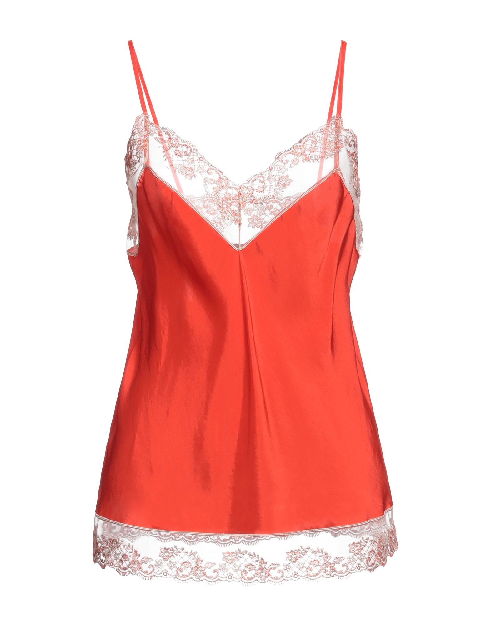 캐미솔, 새틴, 레이스, 투톤 패턴, 브랜드 로고, 딥 네크라인, 슬리브리스. 이미지