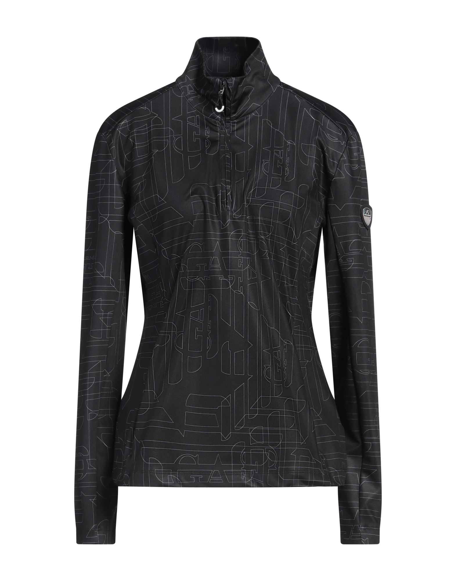 패턴 티셔츠, 합성 저지, 브랜드 로고, 로고 디자인, 터틀넥, 롱 슬리브, 지퍼 여밈, 지퍼 포켓, 스트레치, 세탁기로 세탁, 표백 금지, 건조기 사용불가. 이미지