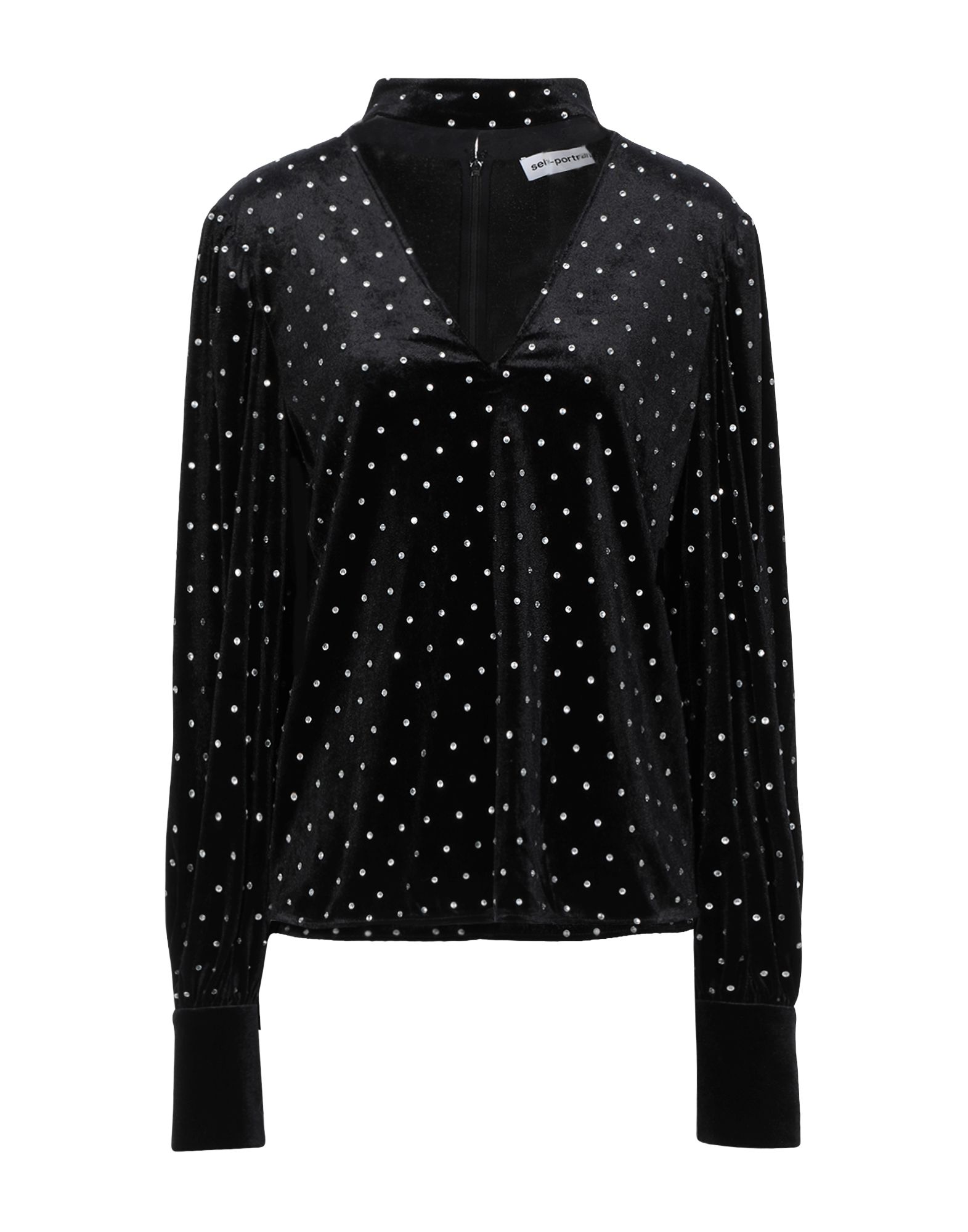 탑, 벨벳, 스트레치 패브릭, 장식 디테일 솔리드 컬러, 크리스탈, v 네크라인, 롱 슬리브, 지퍼 여밈, 스타일과 우아함 그리고 화려함이 어우러진 멋진 파티 룩을 연출해줄 피스. 이미지