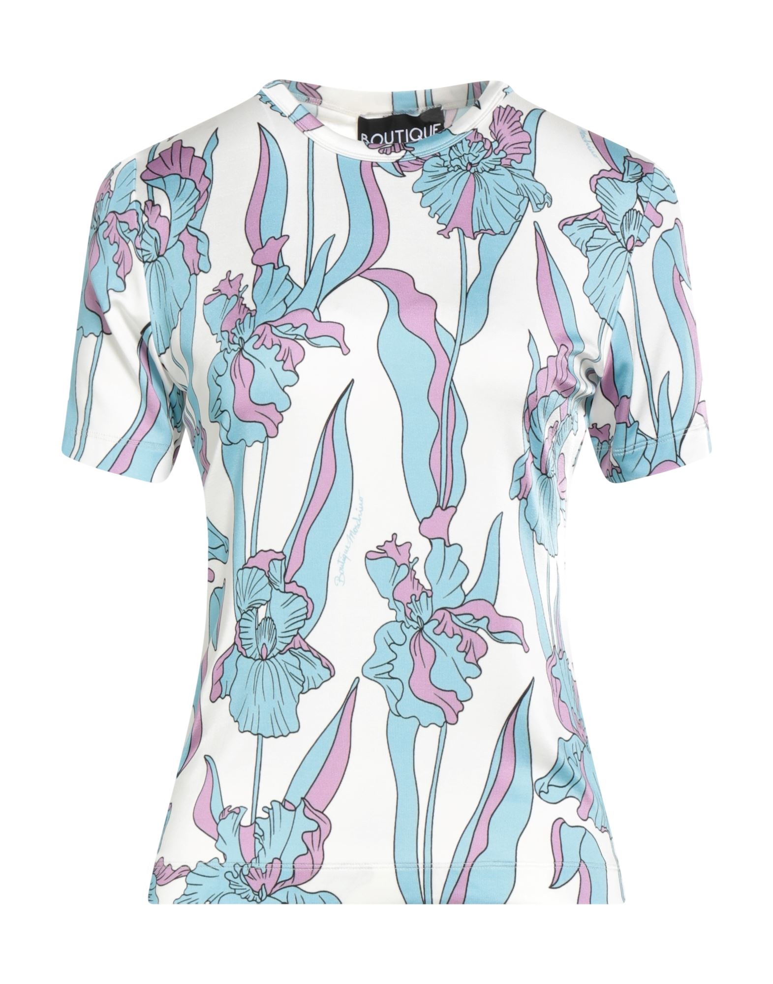 패턴 티셔츠, 저지, 플로럴 모티브, 브랜드 로고, 크루넥, 쇼트 슬리브, 스트레치, 세탁기 세탁 또는 드라이클리닝, 표백 금지, 건조기 사용불가. 이미지