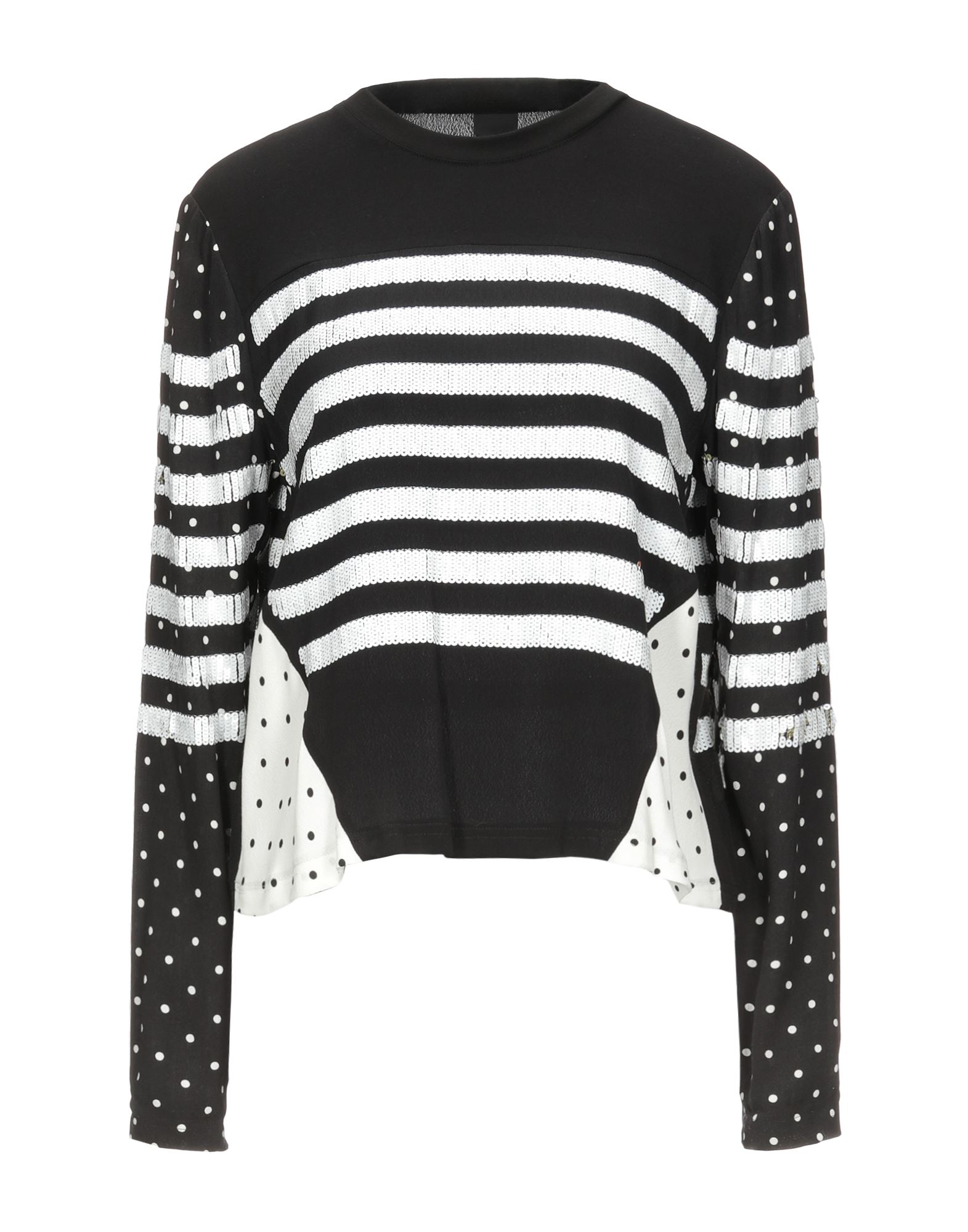 탑, 크레이프, 스트라이프, 폴카도트, 시퀸, 크루넥, 롱 슬리브. 이미지