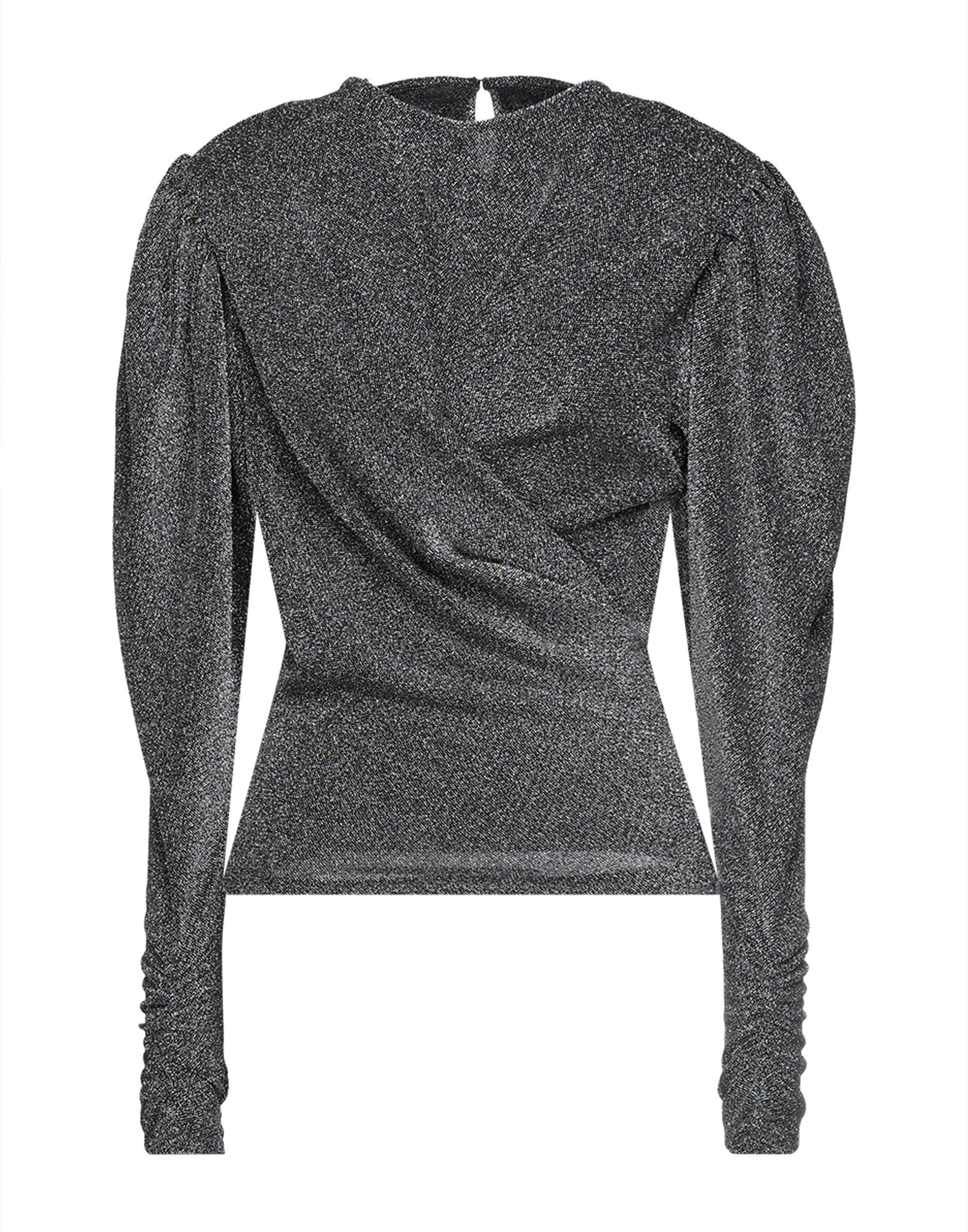 탑, 저지, 메탈릭 효과, 솔리드 컬러, 드레이프, 크루넥, 롱 슬리브, 후크 여밈, 스트레치 패브릭, 손세탁, 표백 금지, 건조기 사용불가, 다림질 금지. 이미지