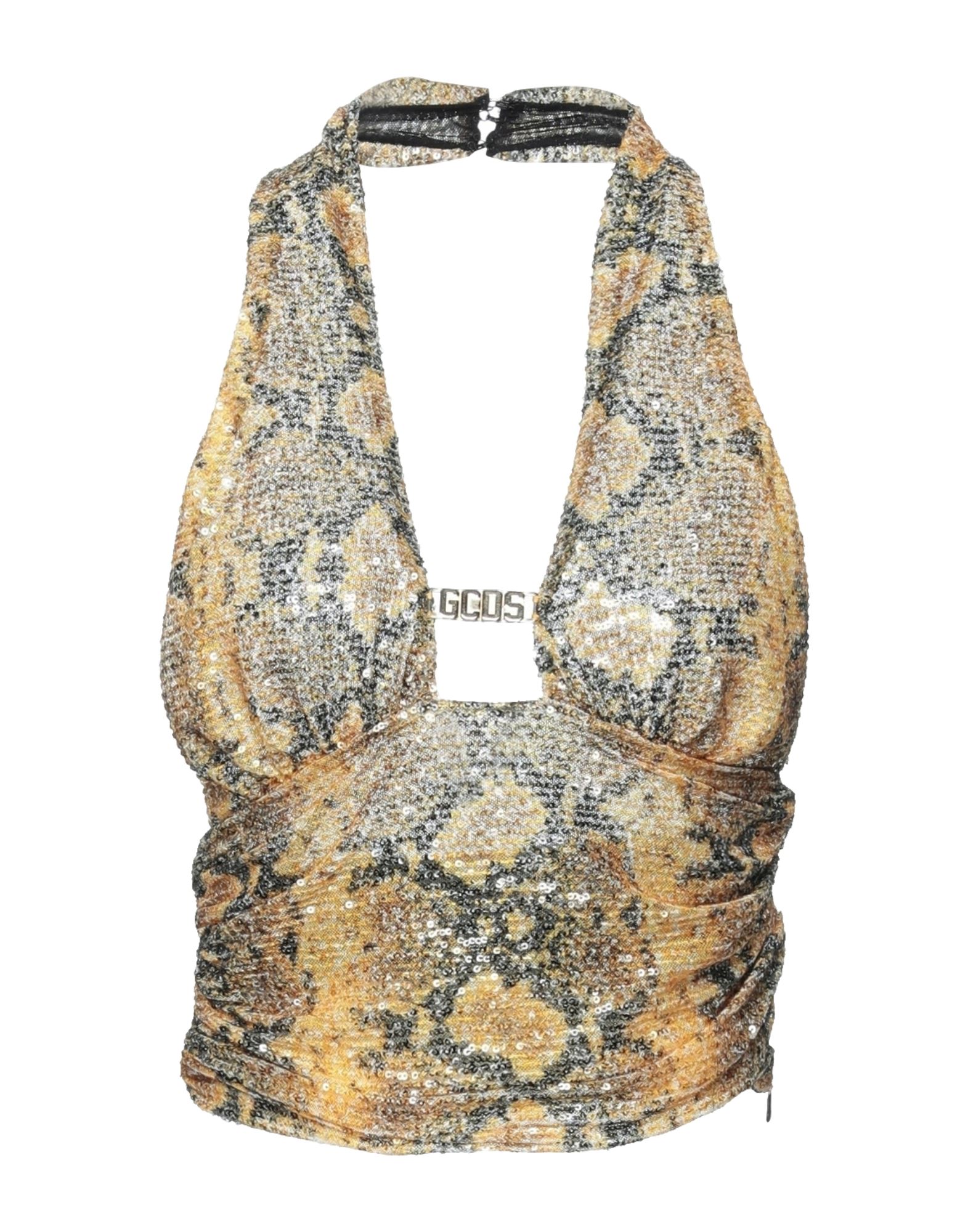 탑, 튤, 멀티컬러 패턴, 브랜드 로고, 시퀸, 딥 네크라인, 슬리브리스, 후크 여밈, 스트레치. 이미지