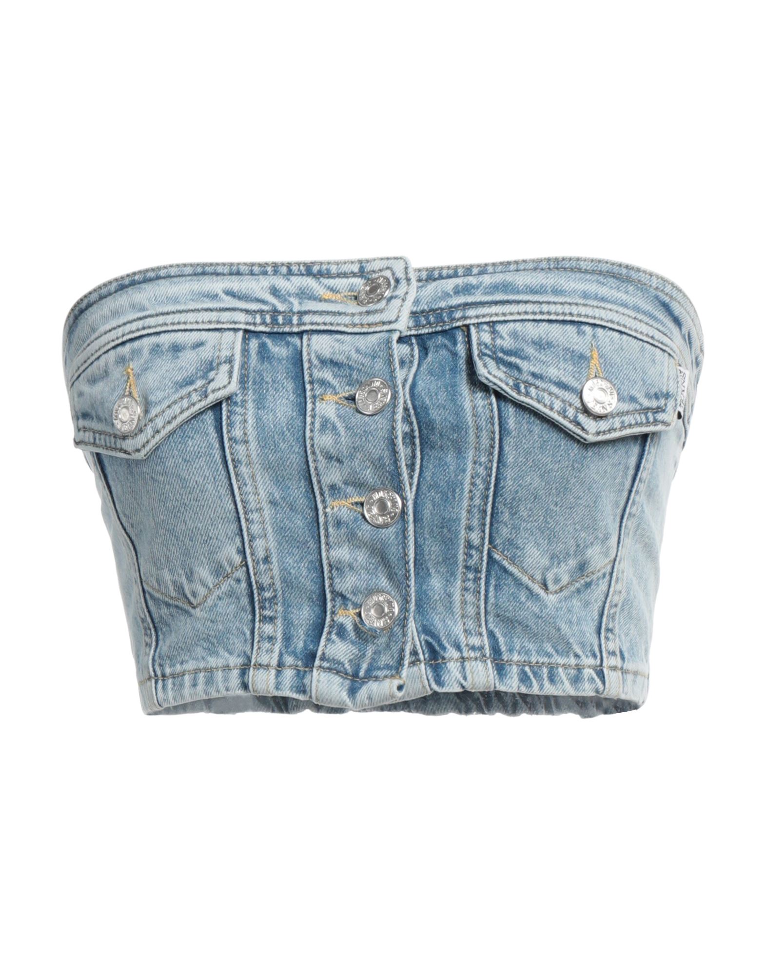 방도 탑, 데님, 바랜 효과, 솔리드 컬러, 브랜드 로고, 미디엄 워싱, 딥 네크라인, 버튼 여밈, 포켓 2개, 세탁기로 세탁, 표백 금지, 건조기 사용불가. 이미지