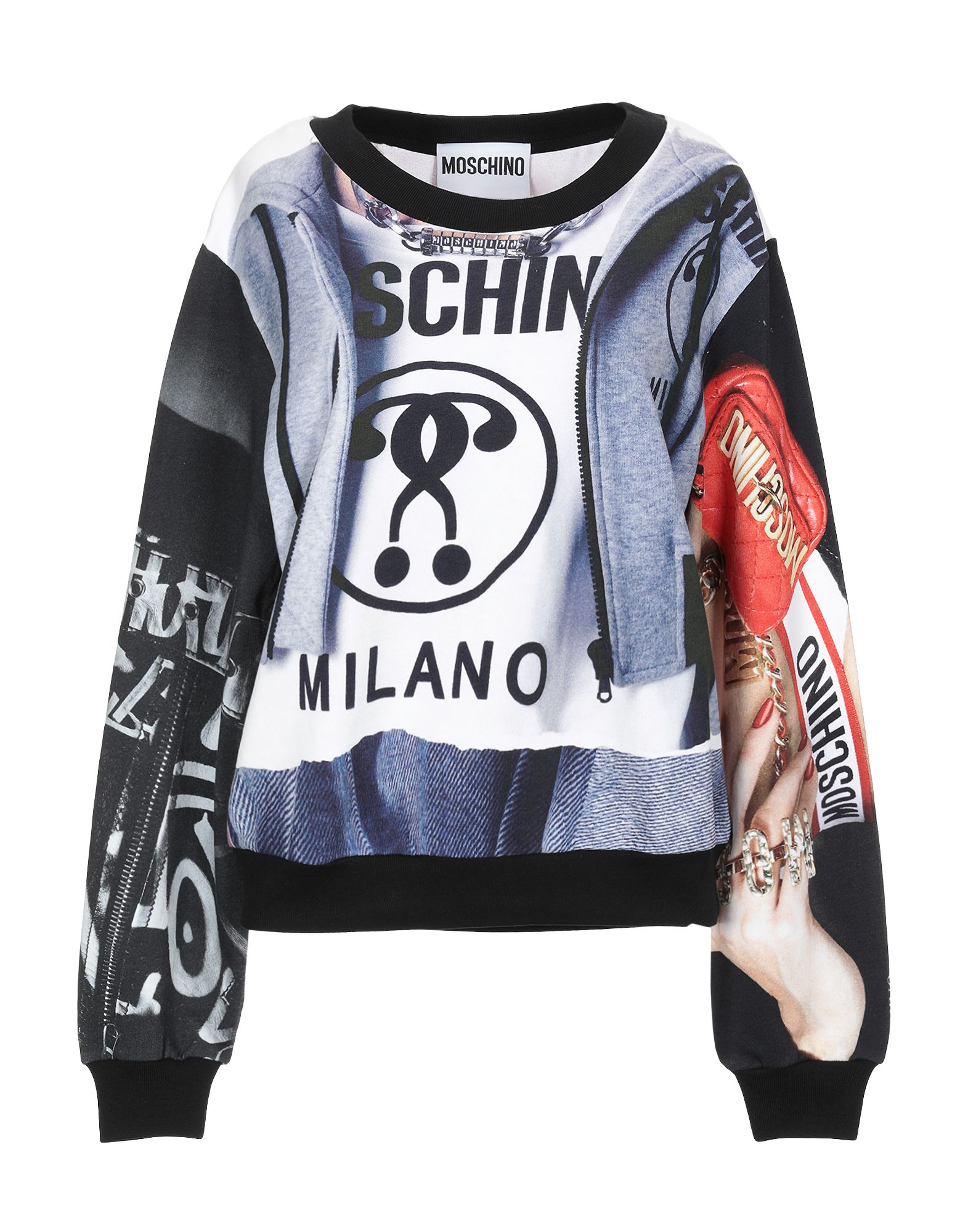 로고, 멀티컬러 패턴, 라운드 네크라인, 롱 슬리브, 포켓 없음, 프렌치 테리 소재 내부. 이미지