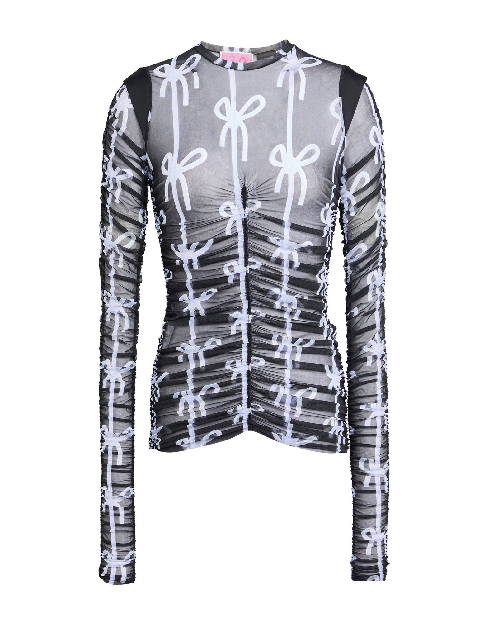 탑, 튤, 투톤 패턴, 개더 디테일, 와이드 네크라인, 롱 슬리브, 스트레치, 세탁기 세탁 또는 드라이클리닝, 표백 금지, 건조기 사용불가. 이미지