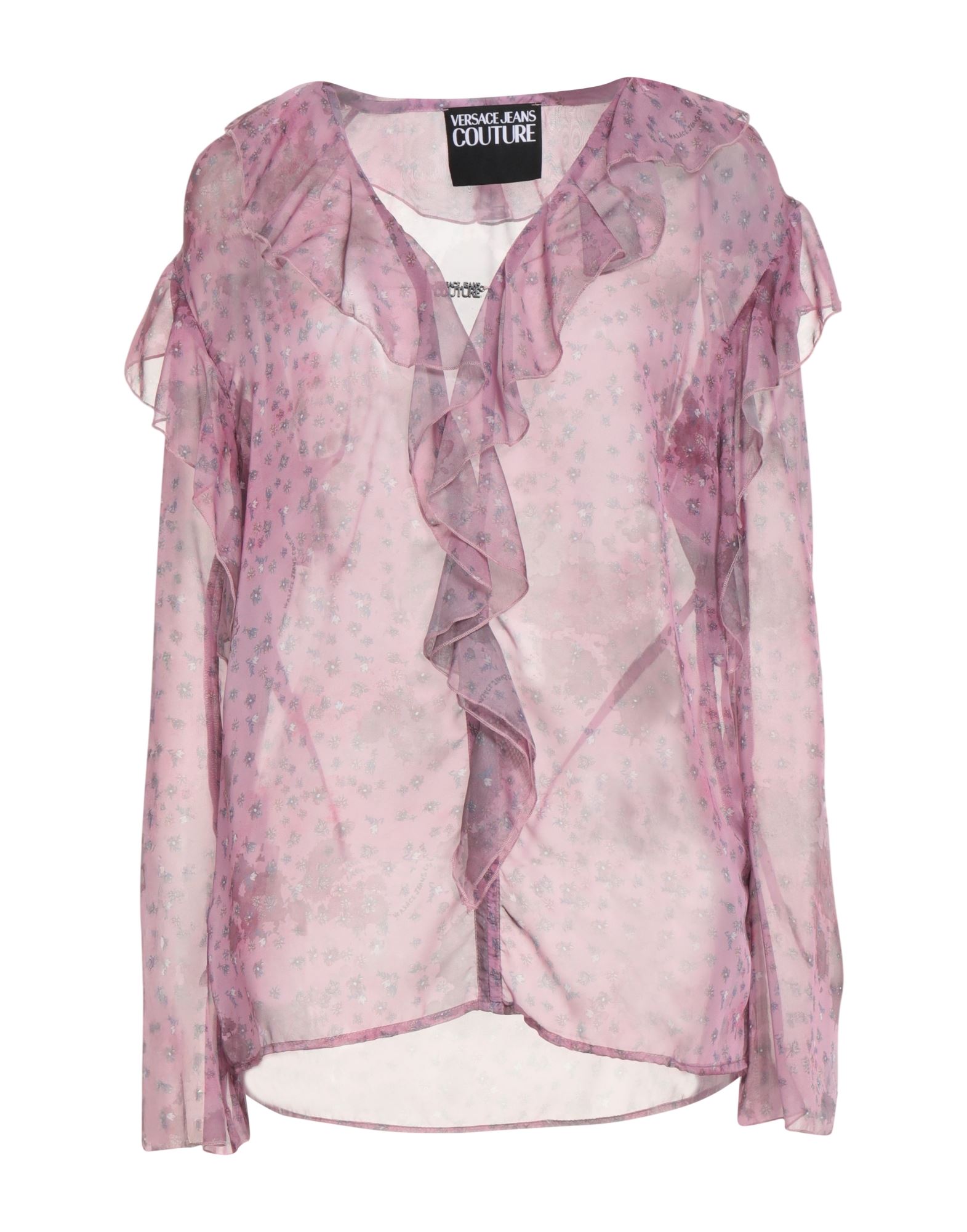 루쉬 디테일 셔츠, 조젯, 플로럴 모티브, 러플, 브랜드 로고, 딥 네크라인, 롱 슬리브, 벨 슬리브, 드라이클리닝, 표백 금지, 건조기 사용불가, 결혼식 하객 스타일로도 적합한 특별한 날에 어울리는 우아한 세레모니 룩, 이 브랜드는 사이즈가 작게 나옵니다. 이미지