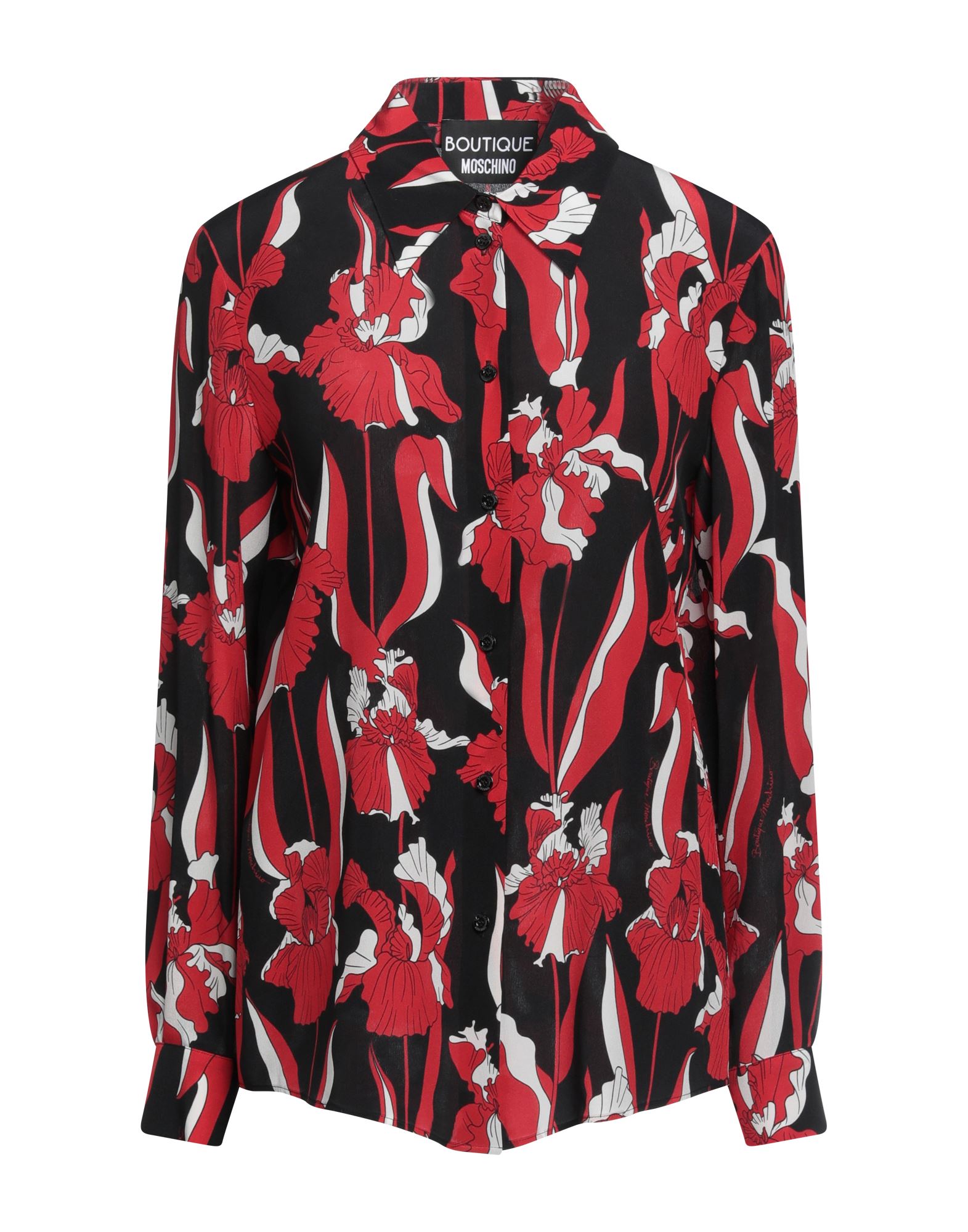 크레이프, 브랜드 로고, 플로럴 모티브, 클래식 칼라, 롱 슬리브, 버튼 커프스, 버튼 여밈, 포켓 없음. 이미지