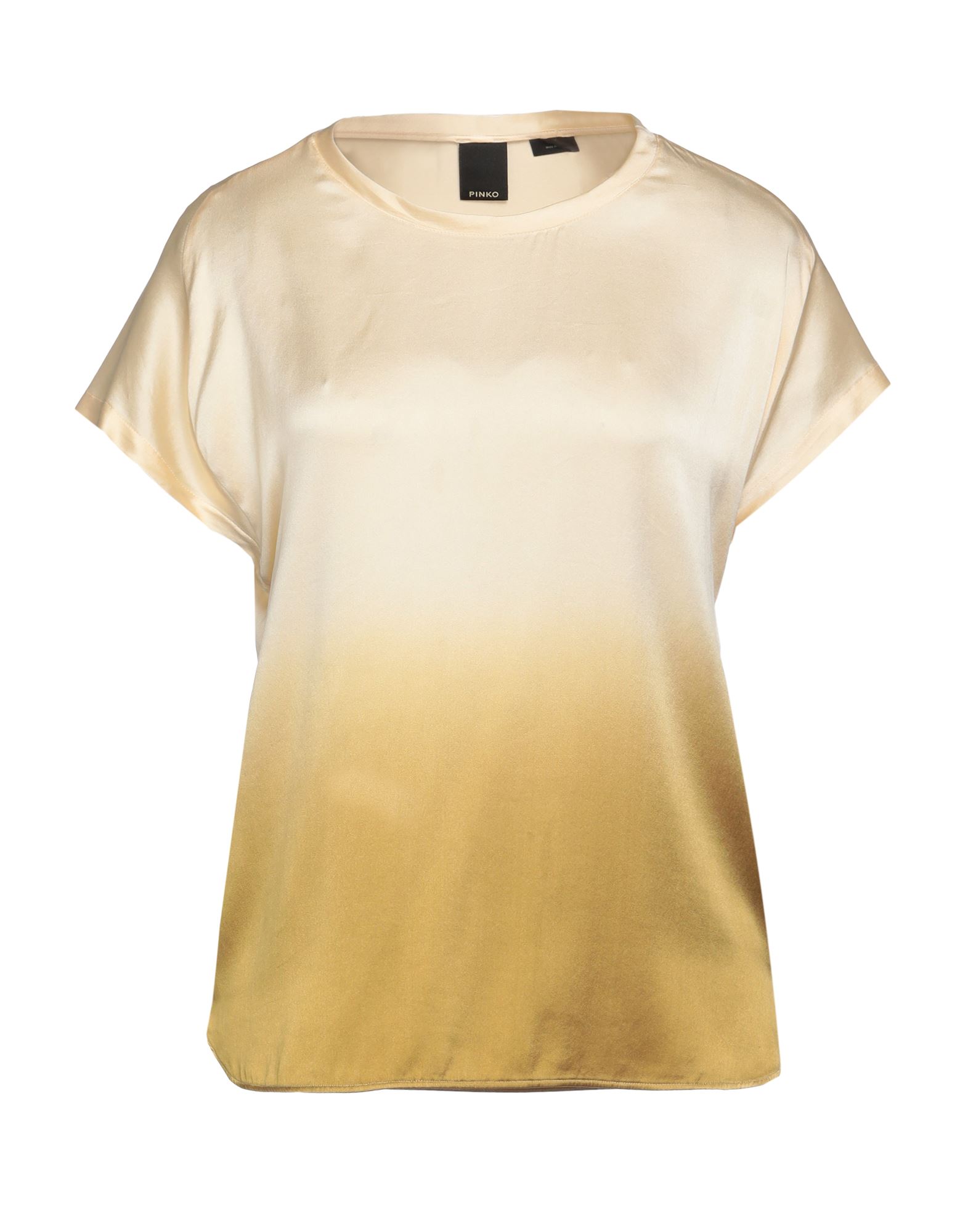 탑, 새틴, 투톤 패턴, 장식 부착 없음, 크루넥, 쇼트 슬리브, 스트레치. 이미지