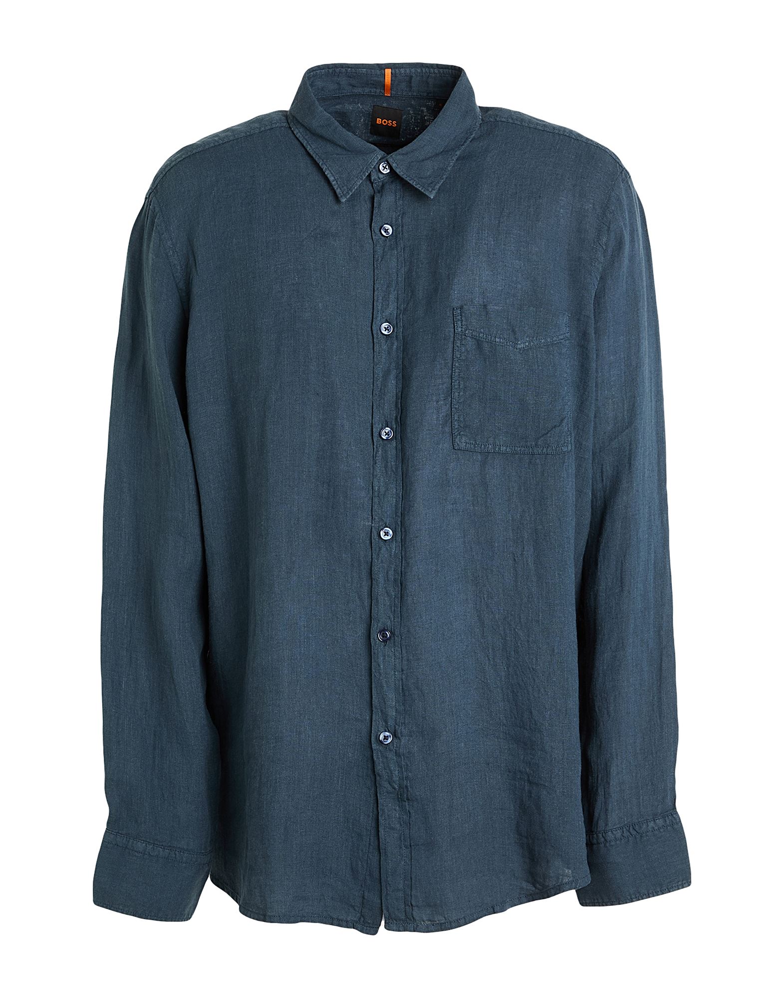 레귤러 셔츠, 리넨, 솔리드 컬러, 브랜드 로고, 클래식 칼라, 롱 슬리브, 버튼 커프스, 버튼 여밈, 포켓 1개, 세탁기로 세탁, 표백 금지, 건조기 사용불가. 이미지