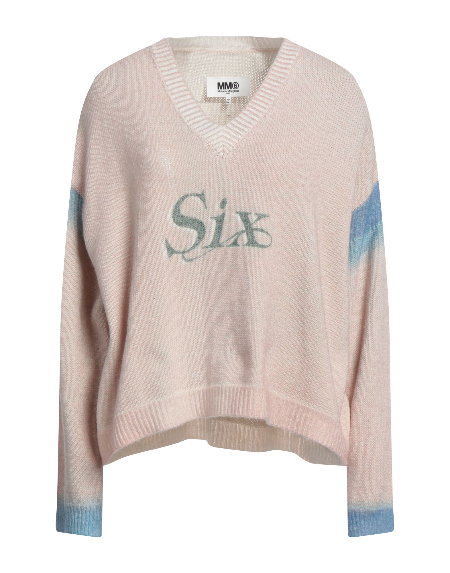 니트 소재, 미디엄웨이트 니트, 장식 부착 없음, 멀티컬러 패턴, v 네크라인, 롱 슬리브, 포켓 없음. 이미지