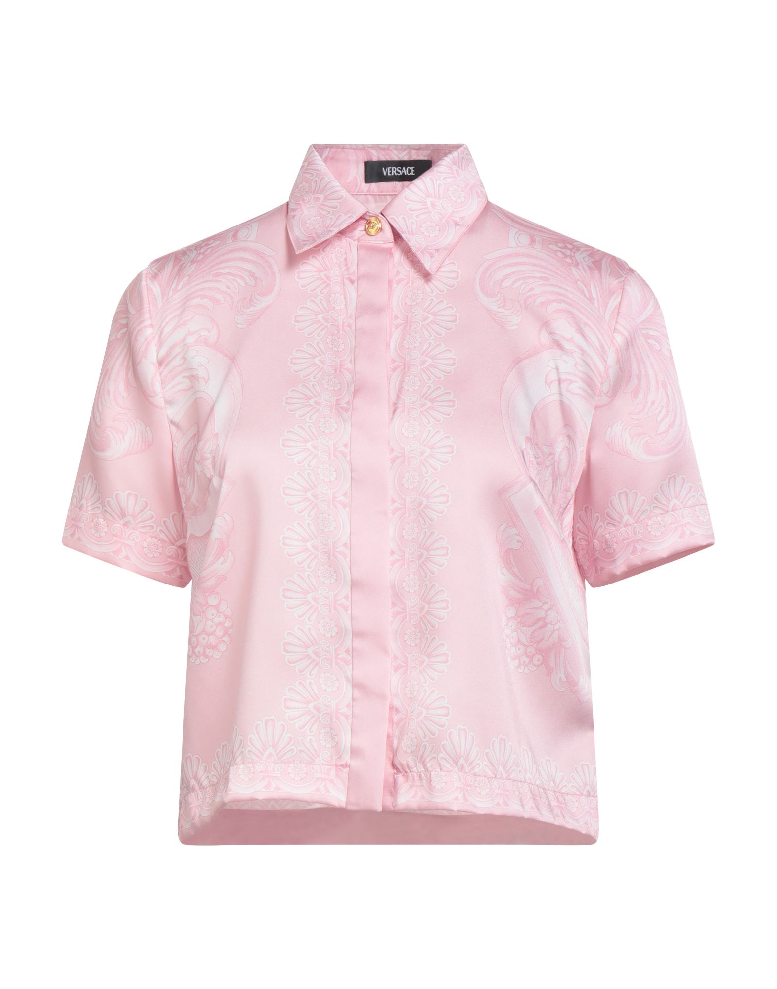 셔츠, 새틴, 시그니처 프린트, 장식 부착 없음, 클래식 칼라, 쇼트 슬리브, 버튼 여밈, 세탁기로 세탁, 표백 금지, 건조기 사용불가. 이미지