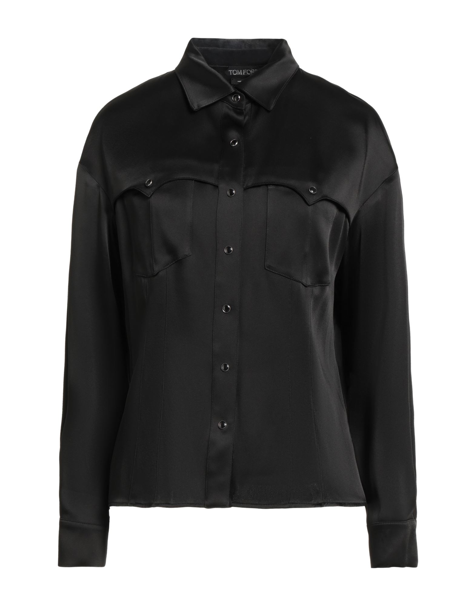 셔츠, 새틴, 솔리드 컬러, 장식 부착 없음, 클래식 칼라, 롱 슬리브, 스냅버튼 커프스, 스냅버튼 여밈, 포켓 2개, 동물성 비섬유 자재 함유, 드라이클리닝, 표백 금지, 건조기 사용불가. 이미지