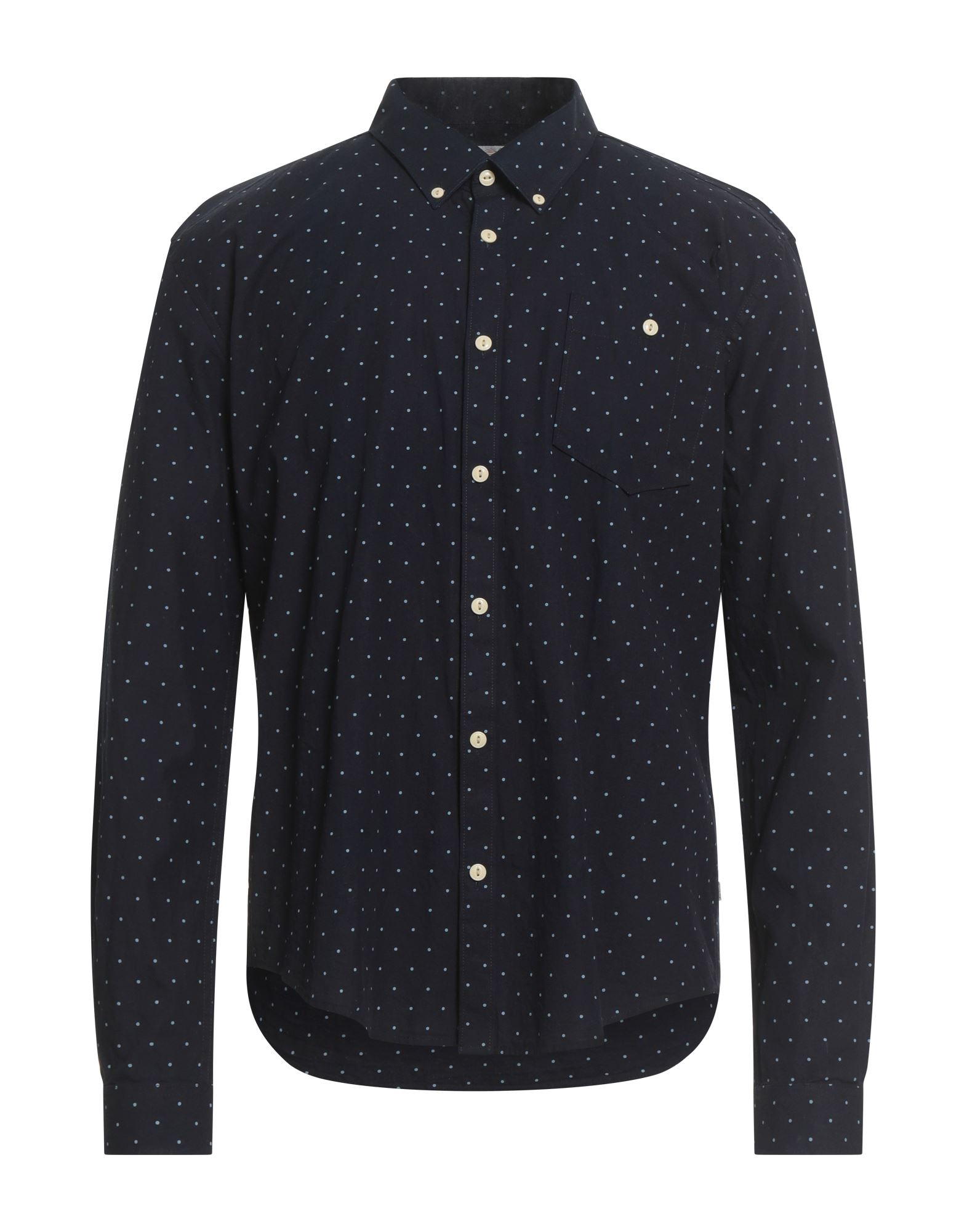 슬림 셔츠, 우븐, 폴카도트, 브랜드 로고, 버튼다운 칼라, 롱 슬리브, 버튼 커프스, 버튼 여밈, 포켓 1개, 세탁기로 세탁, 표백 금지, 건조기 사용가능. 이미지