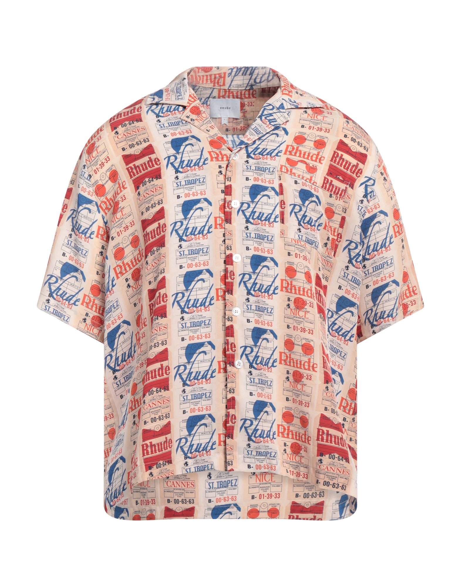 레귤러 셔츠, 트윌, 로고 디자인, 장식 부착 없음, 캠프 칼라, 쇼트 슬리브, 버튼 여밈, 포켓 1개, 사이드 슬릿 헴라인, 물세탁 불가, 표백 금지, 건조기 사용불가, 다림질 금지. 이미지