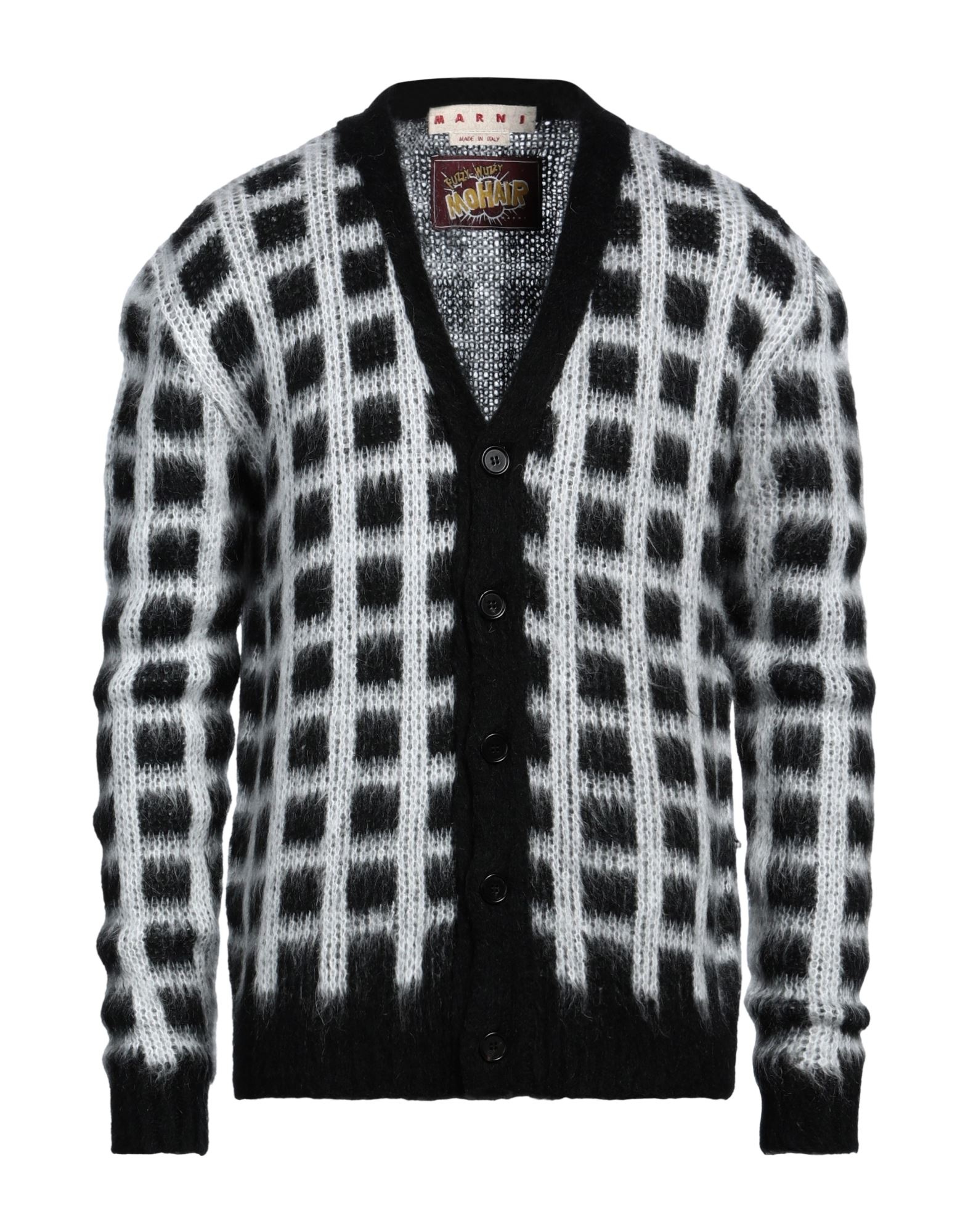 니트 소재, 라이트웨이트 니트, 장식 부착 없음, 체크, 롱 슬리브, 버튼 여밈, 포켓 없음, 드라이클리닝, 표백 금지, 건조기 사용불가, 루즈 핏. 이미지