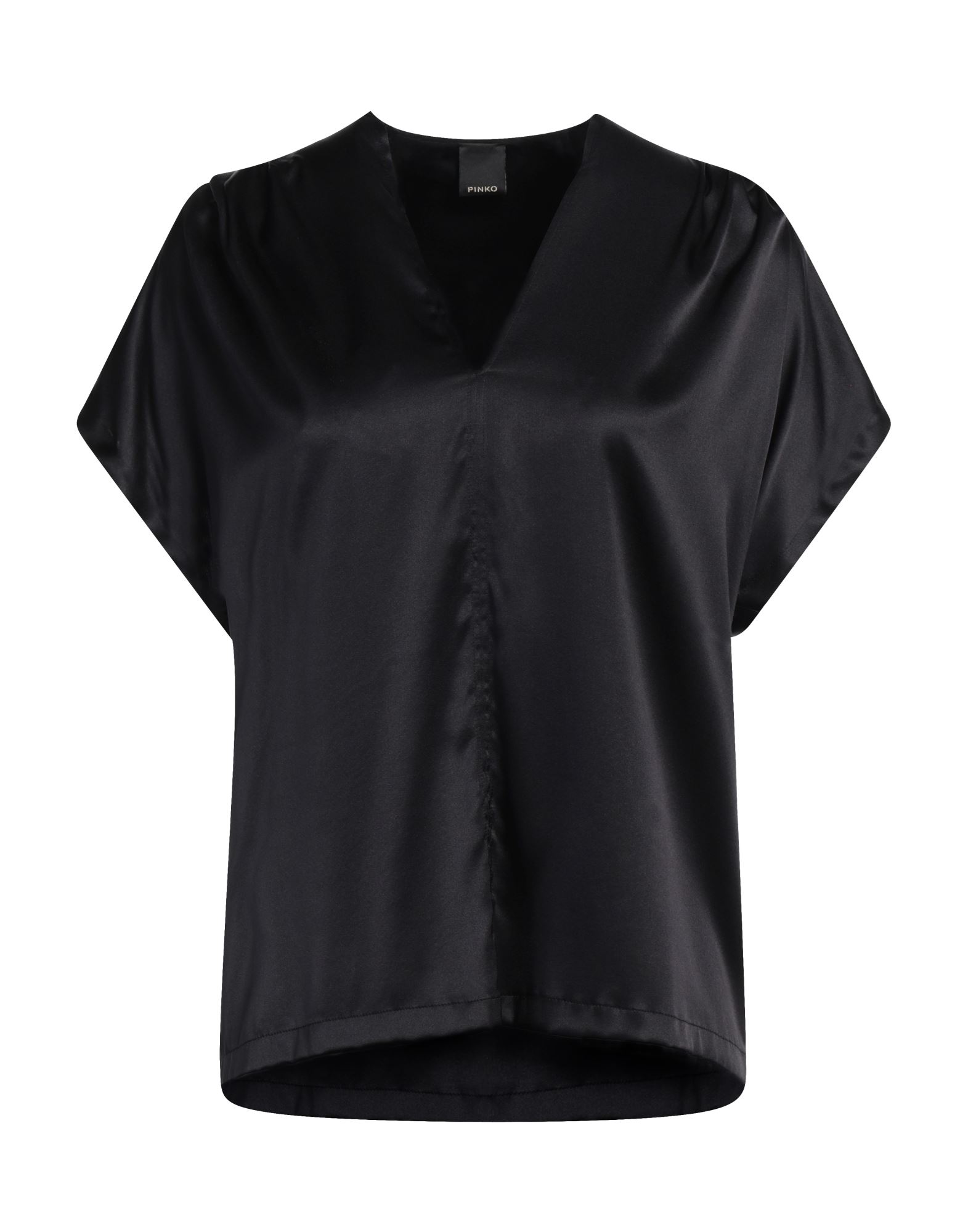 새틴, 장식 부착 없음, 솔리드 컬러, v 네크라인, 쇼트 슬리브, 포켓 없음, 스트레치, 탑. 이미지