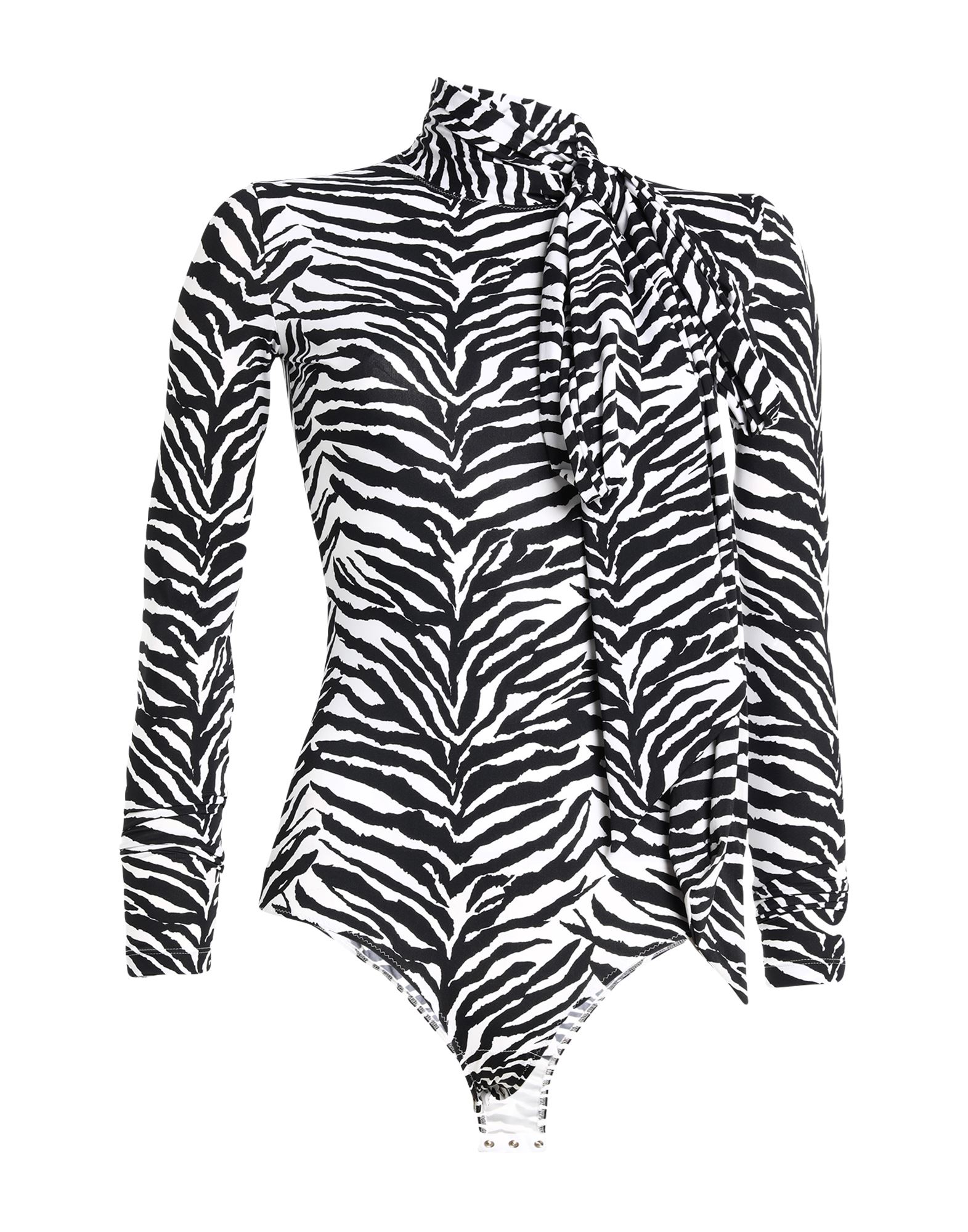 합성 저지, 장식 부착 없음, 지브라 패턴, 보우 칼라, 롱 슬리브, 스냅버튼, 포켓 없음, 스트레치. 이미지