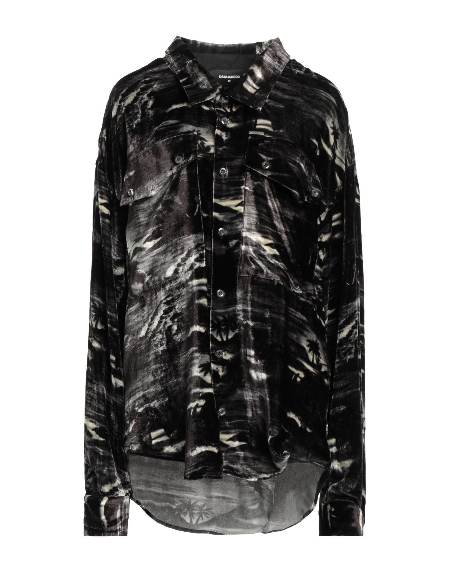 오버사이즈 셔츠, 벨벳, 하와이안 모티브, 브랜드 로고, 클래식 칼라, 롱 슬리브, 버튼 커프스, 버튼 여밈, 멀티 포켓. 이미지