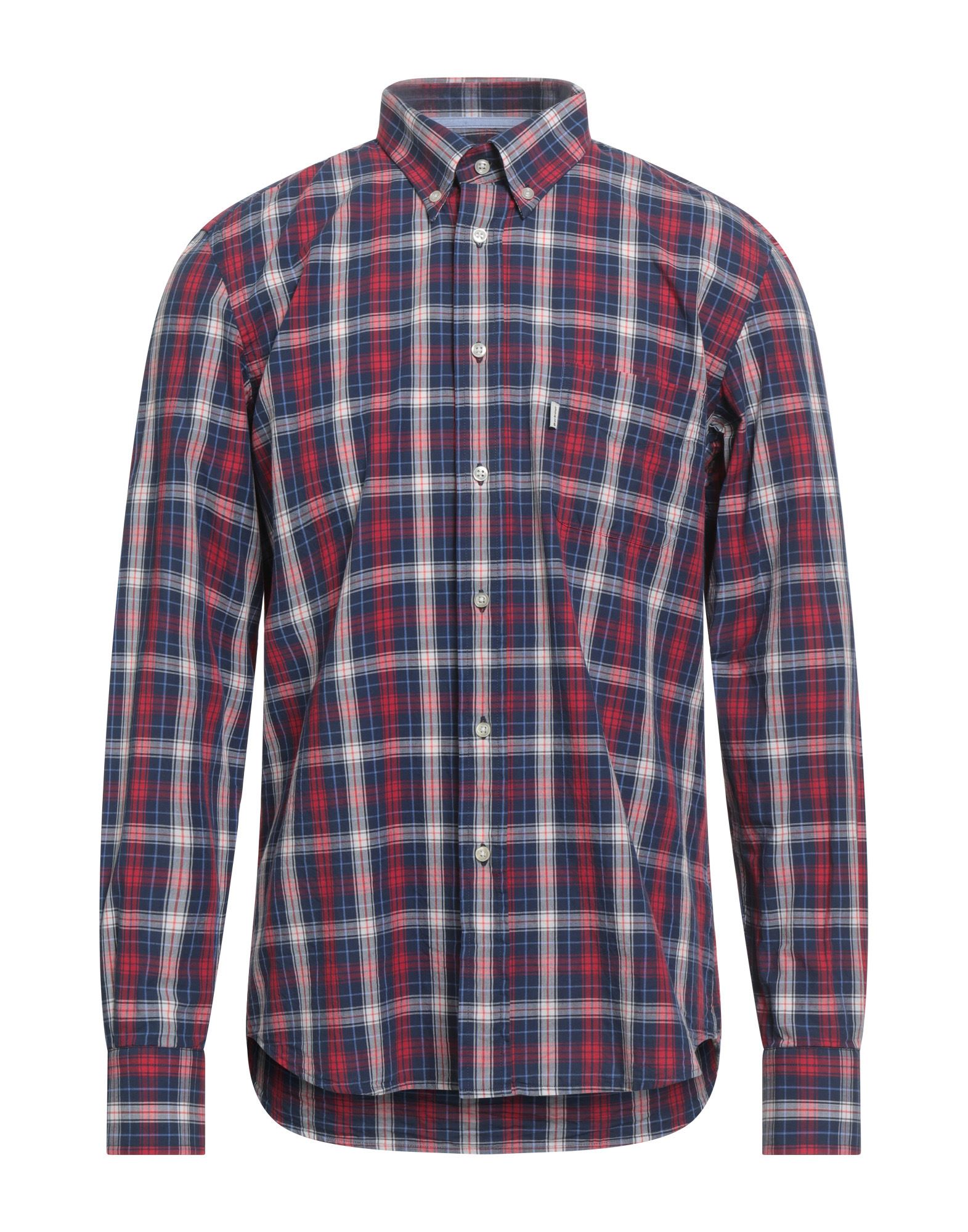 슬림 셔츠, 우븐, 타탄체크, 브랜드 로고, 버튼다운 칼라, 롱 슬리브, 버튼 커프스, 버튼 여밈, 포켓 1개, 세탁기 세탁 또는 드라이클리닝, 표백 금지, 건조기 사용불가. 이미지