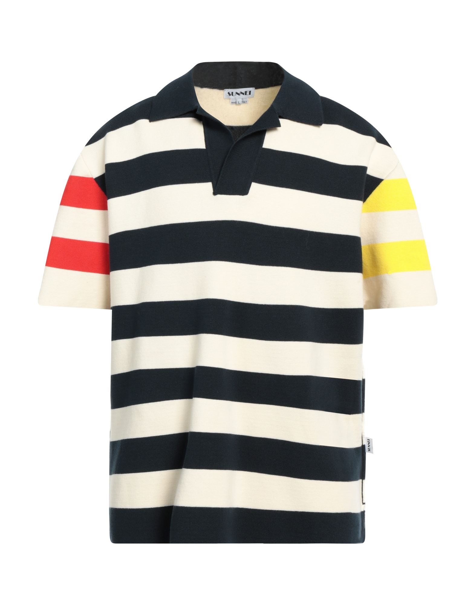 니트 소재, 라이트웨이트 니트, 장식 부착 없음, 스트라이프, 폴로 칼라, 쇼트 슬리브, 포켓 없음. 이미지