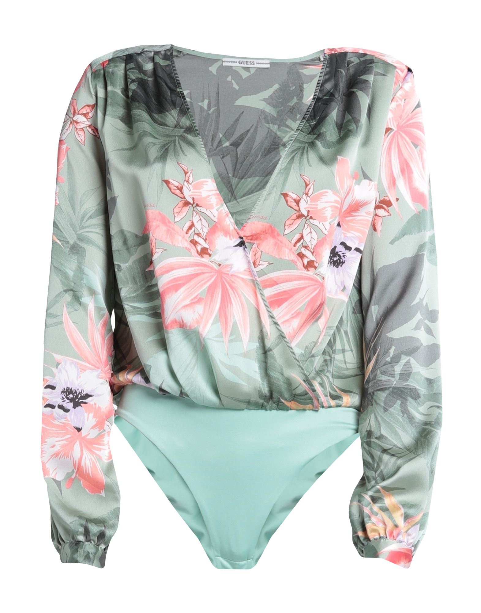 새틴, 브랜드 로고, 플로럴 모티브, 딥 네크라인, 롱 슬리브, 어깨 패드 내장, 버튼 커프스, 포켓 없음, 바디수트형, 스트레치. 이미지