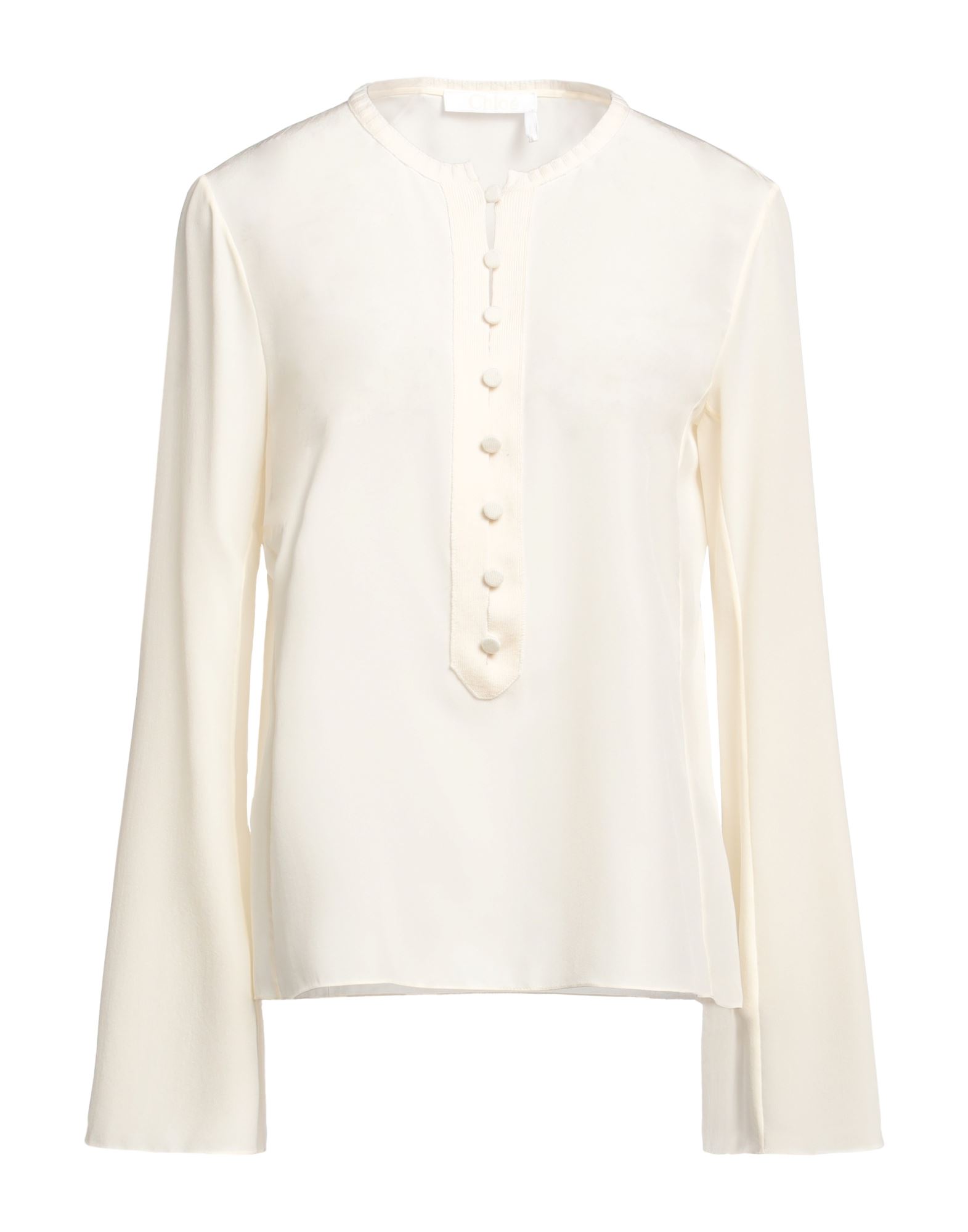 크레이프, 니트 소재, 라이트웨이트 니트, 장식 부착 없음, 솔리드 컬러, 크루넥, 롱 슬리브, 히든 버튼, 포켓 없음, 탑. 이미지