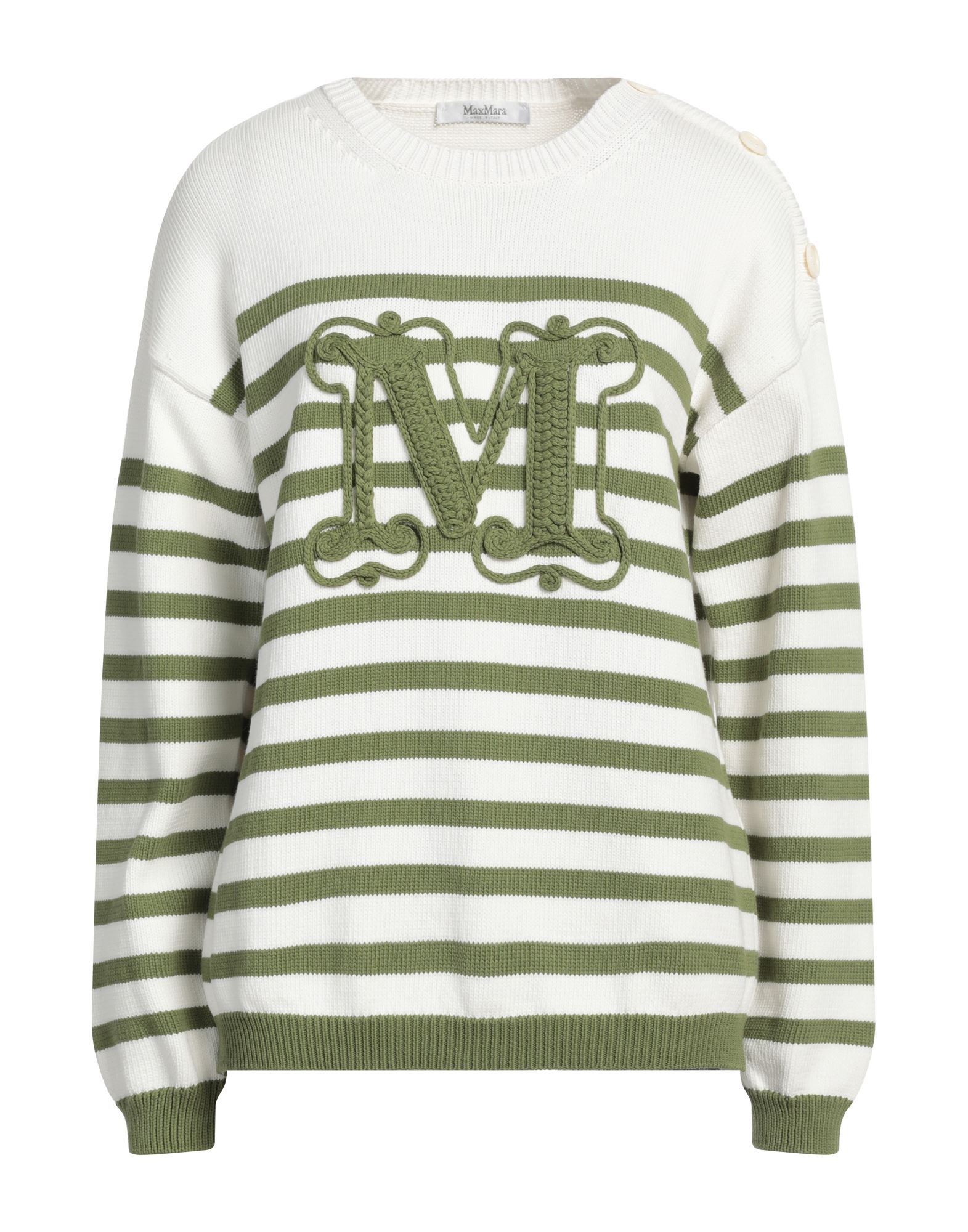 니트 소재, 라운드 네크라인, 스트라이프, 롱 슬리브. 이미지