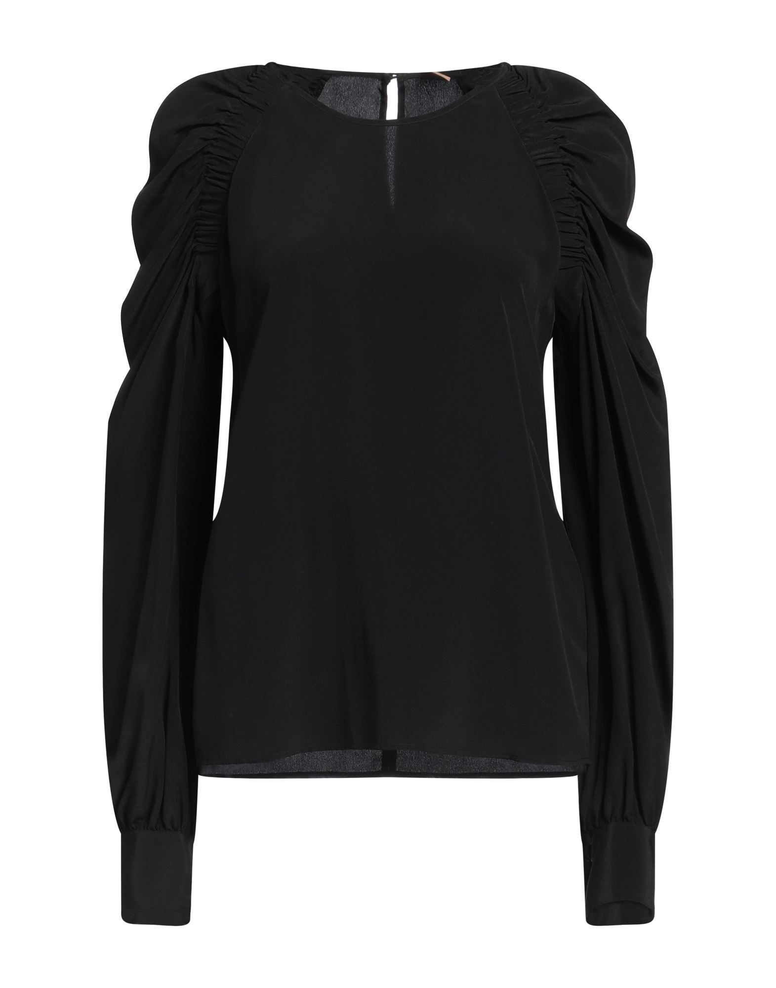 탑, 크레이프, 장식 부착 없음, 솔리드 컬러, 크루넥, 롱 슬리브, 버튼 커프스, 버튼 여밈, 포켓 없음, 손세탁 또는 드라이클리닝, 표백 금지, 건조기 사용불가. 이미지