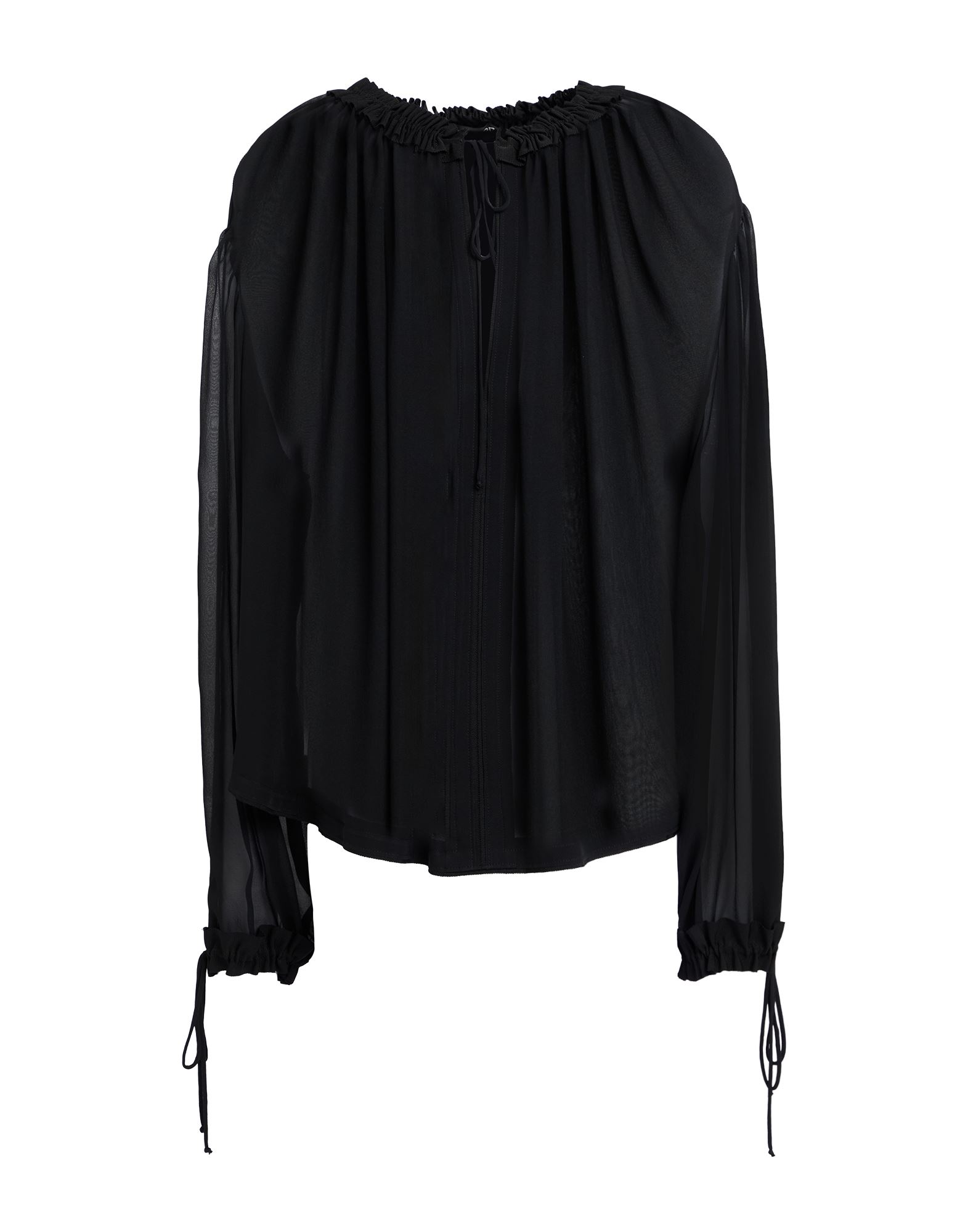 그로그랭, 크레이프, 사이드 스트라이프, 레이스업, 솔리드 컬러, 타이 클로져, 롱 슬리브, v 네크라인, 포켓 없음. 이미지