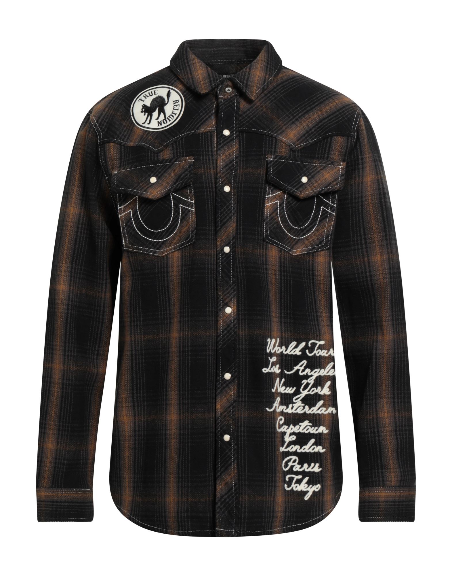 셔츠 자켓, 플란넬, 타탄체크, 자수 장식, 패치, 브랜드 로고, 클래식 칼라, 롱 슬리브, 스냅버튼 커프스, 스냅버튼 여밈, 포켓 2개, 세탁기로 세탁, 표백 금지, 건조기 사용불가. 이미지