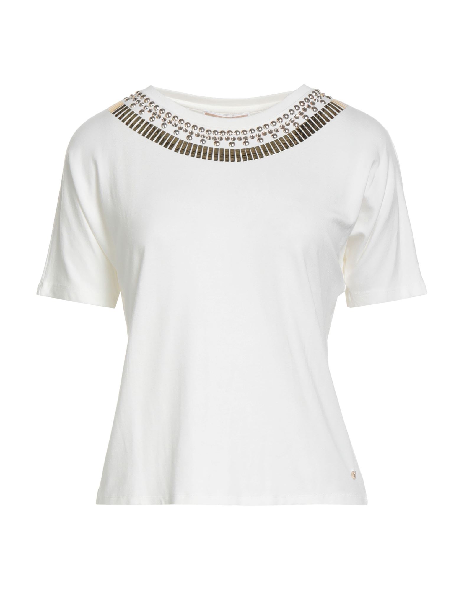 티셔츠, 저지, 스트레치 패브릭, 장식 디테일 솔리드 컬러, 브랜드 로고, 크리스탈, 스터드, 크루넥, 쇼트 슬리브, 손세탁 또는 드라이클리닝, 표백 금지, 건조기 사용불가. 이미지