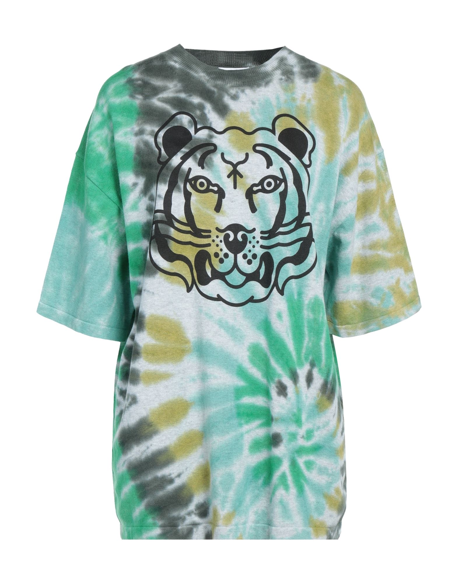 니트 소재, 라이트웨이트 니트, 브랜드 로고, 멀티컬러 패턴, 라운드 네크라인, 쇼트 슬리브, 포켓 없음. 이미지