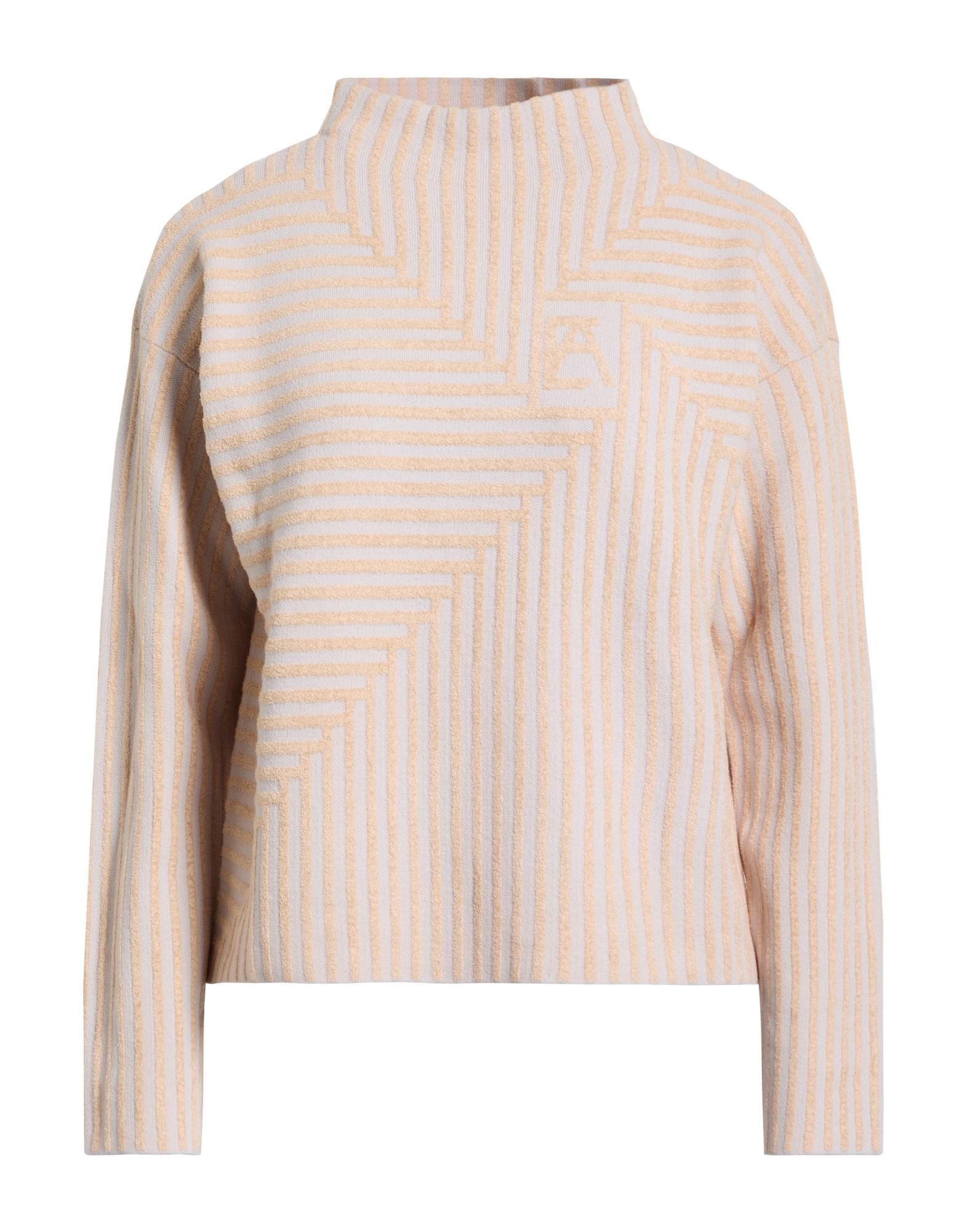 자카드 니트, 라이트웨이트 니트, 브랜드 로고, 스트라이프, 목 넥, 롱 슬리브, 손세탁 또는 드라이클리닝, 표백 금지, 건조기 사용불가. 이미지