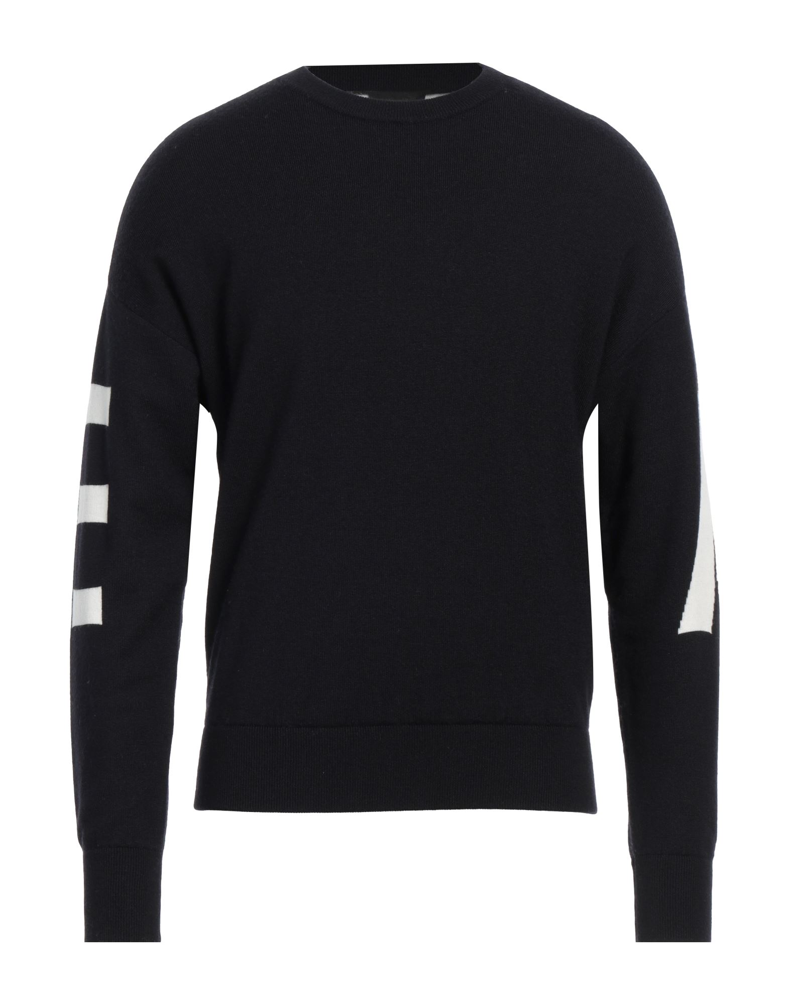 니트 소재, 미디엄웨이트 니트, 투톤 패턴, 브랜드 로고, 크루넥, 롱 슬리브, 손세탁, 표백 금지, 건조기 사용불가. 이미지