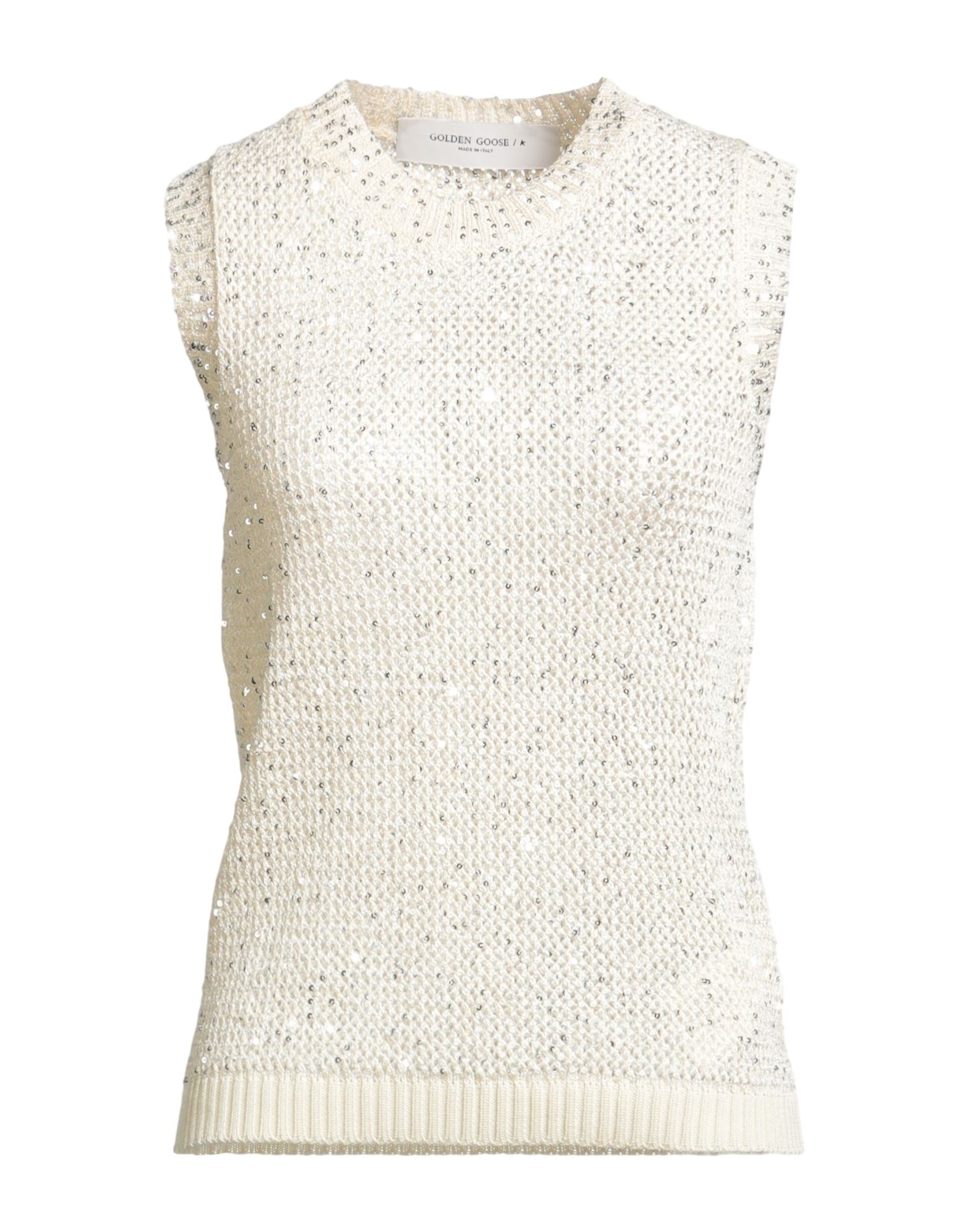 니트 소재, 퍼포레이트, 라이트웨이트 니트, 장식 디테일 솔리드 컬러, 시퀸, 크루넥, 슬리브리스, 세탁기 세탁 또는 드라이클리닝, 표백 금지, 건조기 사용불가. 이미지