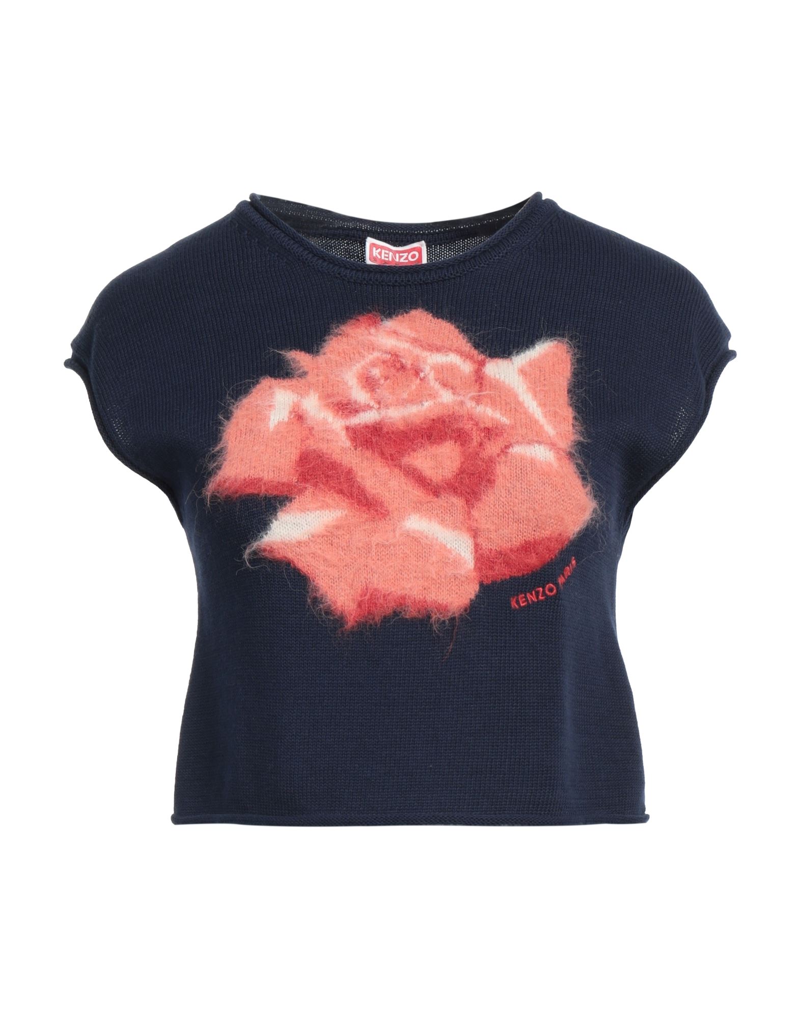 니트 소재, 라이트웨이트 니트, 멀티컬러 패턴, 자수 로고 장식, 크루넥, 쇼트 슬리브, 세탁기 세탁 또는 드라이클리닝, 표백 금지, 건조기 사용불가. 이미지