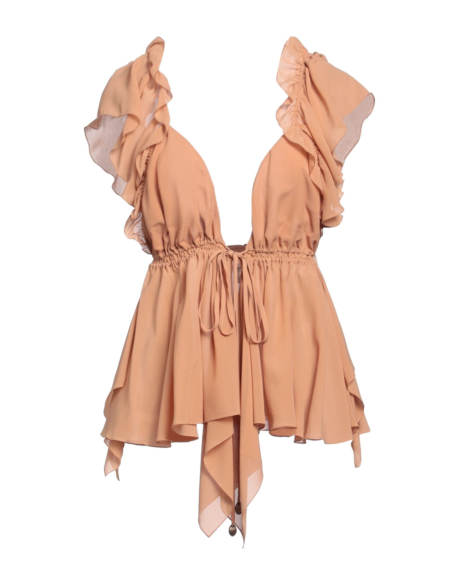 루쉬 디테일 탑, 크레이프, 솔리드 컬러, 장식 부착 없음, 딥 네크라인, 슬리브리스, 타이 여밈, 드라이클리닝, 표백 금지, 건조기 사용불가. 이미지