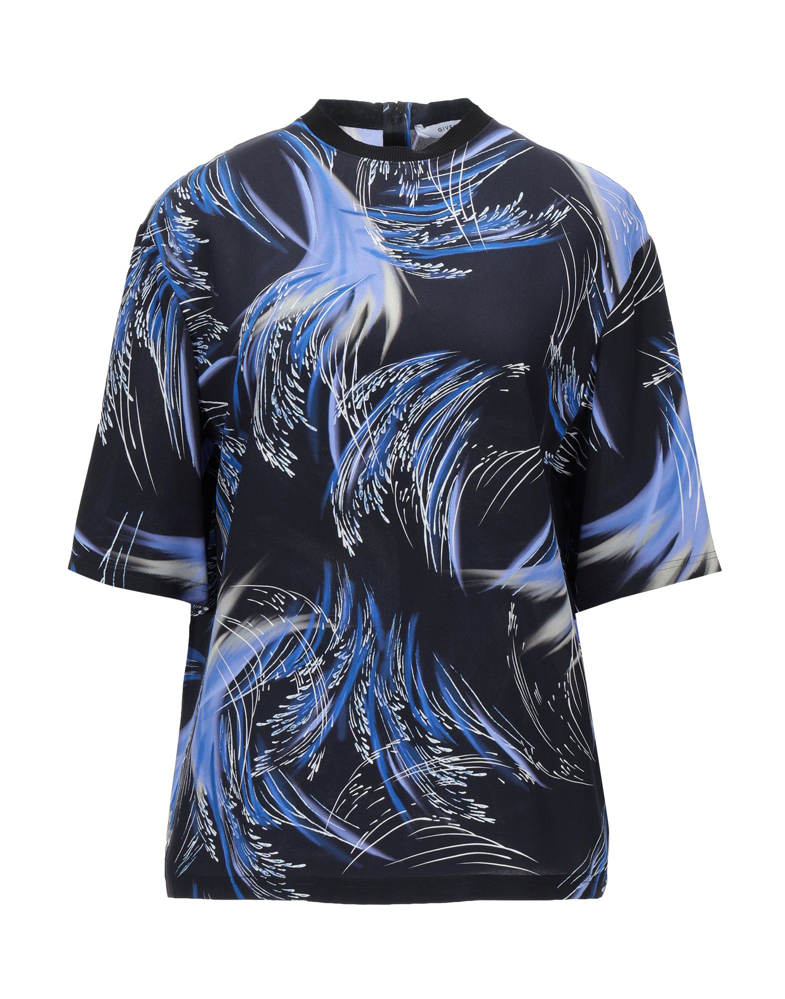 크레이프, 장식 부착 없음, 멀티컬러 패턴, 크루넥, 쇼트 슬리브, 포켓 없음, 탑. 이미지