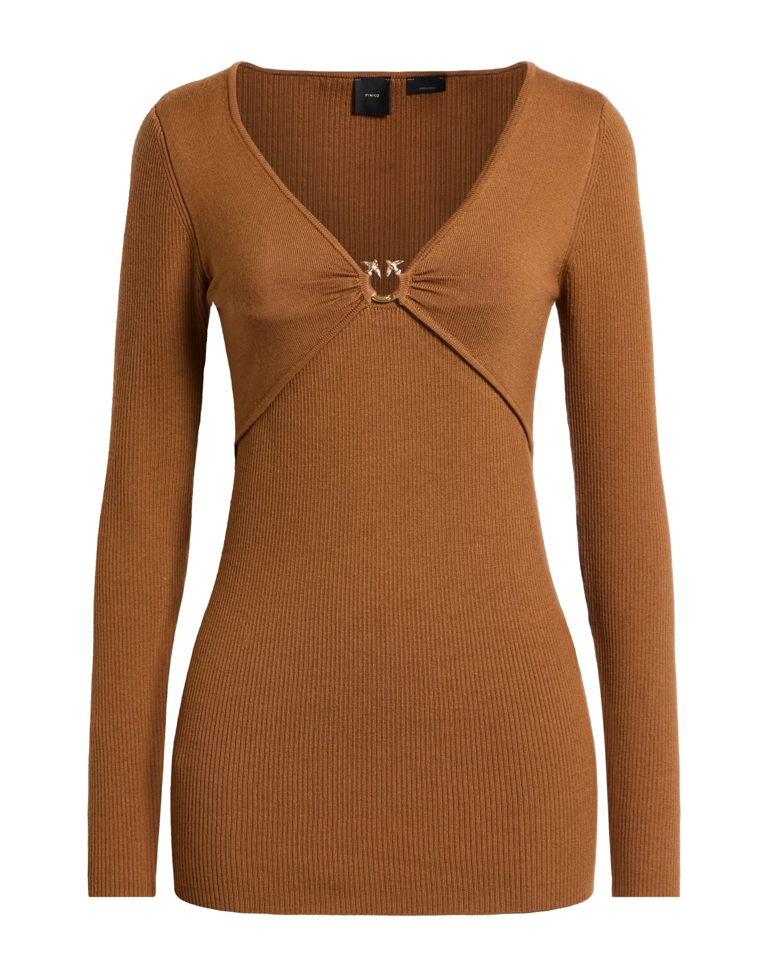 리브(rib) 조직, 라이트웨이트 니트, 브랜드 로고, 솔리드 컬러, 딥 네크라인, 롱 슬리브, 손세탁, 표백 금지, 건조기 사용불가. 이미지