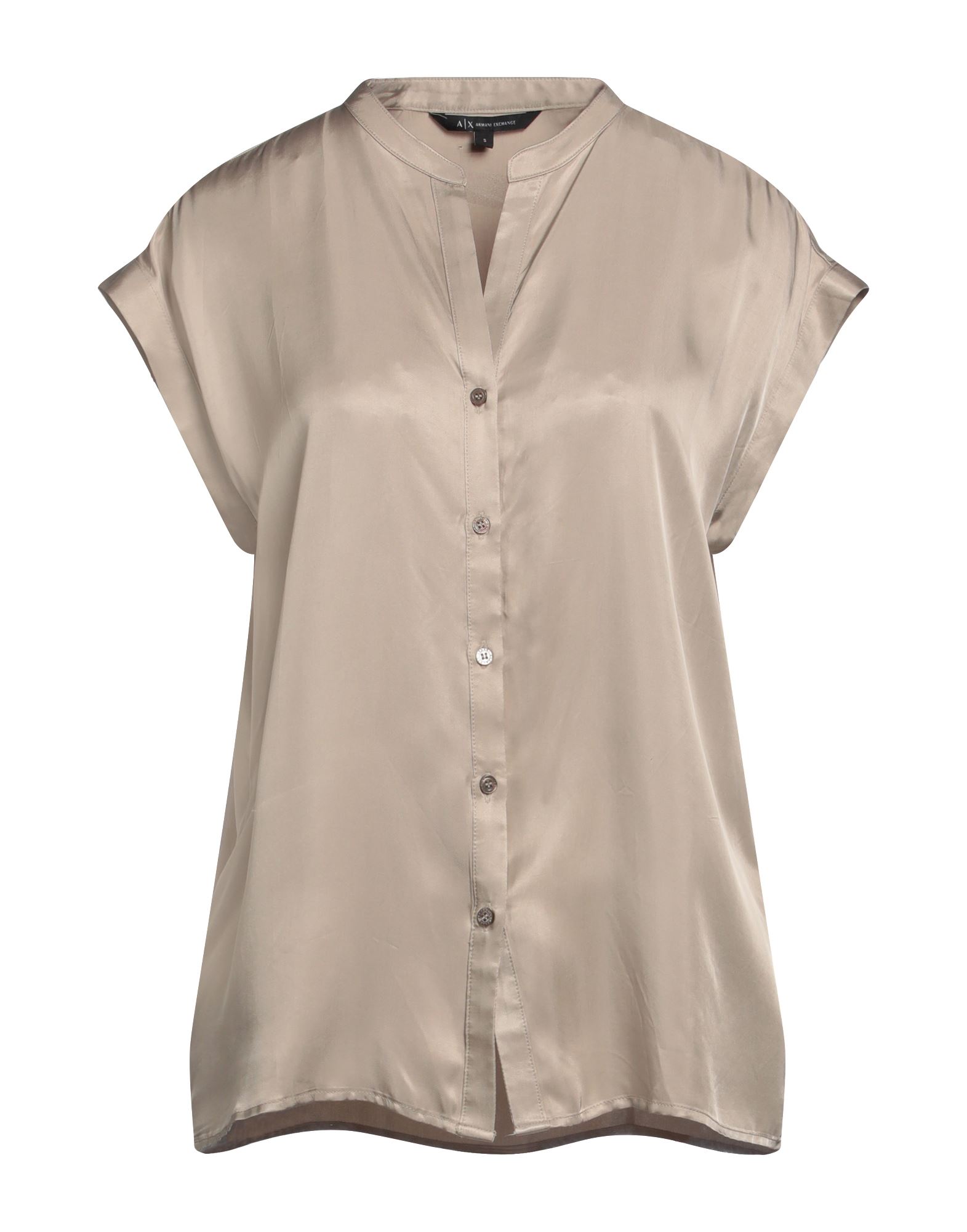 셔츠, 새틴, 솔리드 컬러, 장식 부착 없음, v 네크라인, 쇼트 슬리브. 이미지