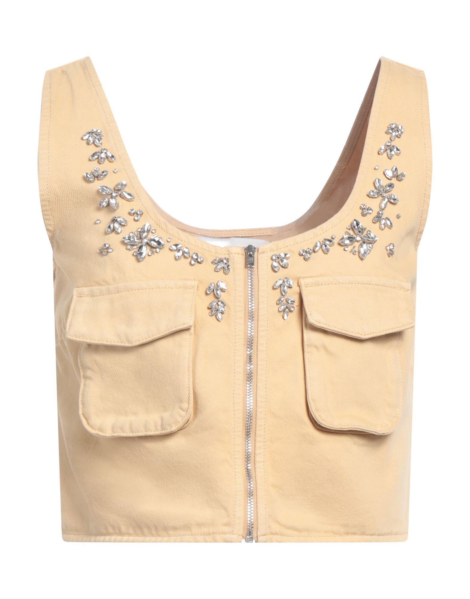 크롭 탑, 데님, 장식 디테일 솔리드 컬러, 장식 효과, 크루넥, 슬리브리스, 지퍼 여밈, 플랩 포켓, 드라이클리닝, 표백 금지, 건조기 사용불가. 이미지