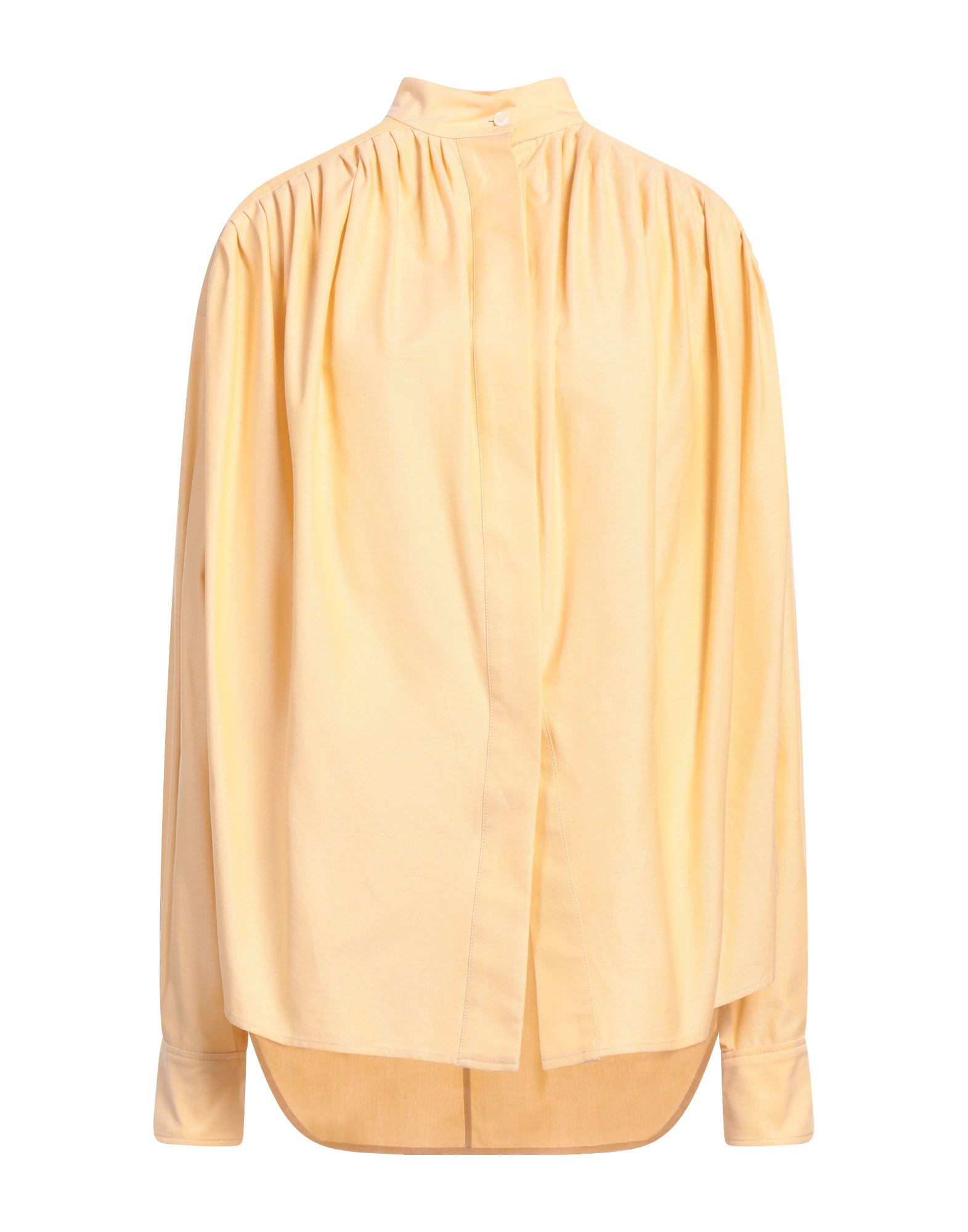 셔츠, 우븐, 개더 디테일, 솔리드 컬러, 스탠드 칼라, 롱 슬리브, 버튼 커프스, 버튼 여밈, 포켓 없음, 동물성 비섬유 자재 함유, 세탁기 세탁 또는 드라이클리닝, 표백 금지, 건조기 사용불가. 이미지