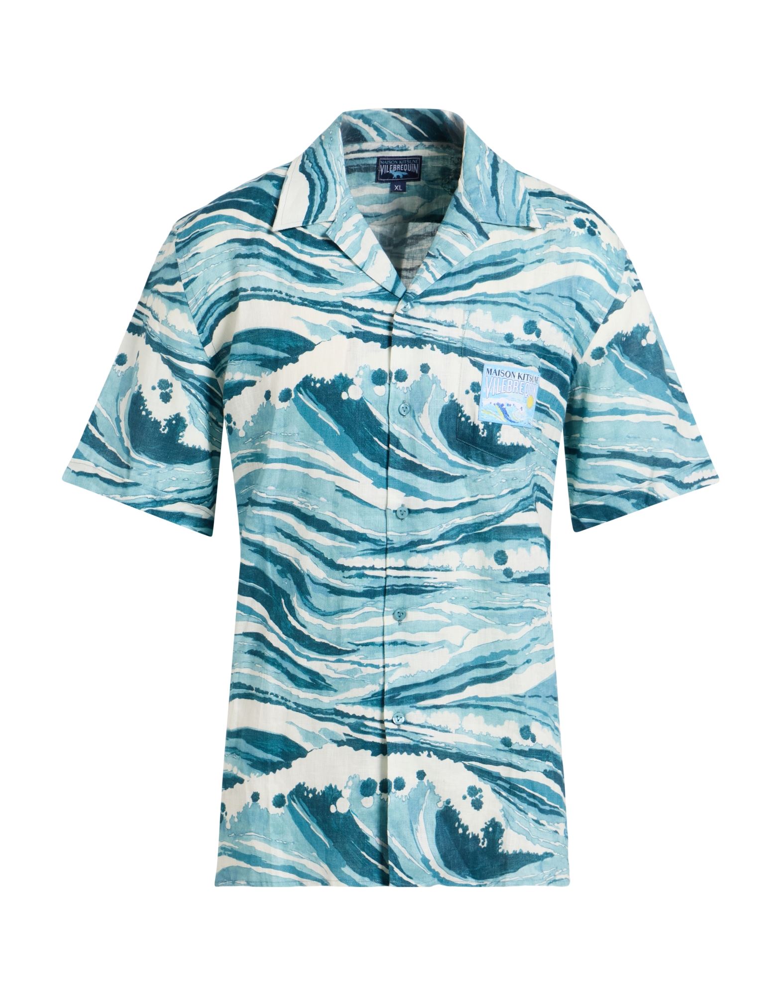 레귤러 셔츠, 리넨, 멀티컬러 패턴, 브랜드 로고, 캠프 칼라, 쇼트 슬리브, 버튼 여밈, 포켓 1개, 세탁기 세탁 또는 드라이클리닝, 표백 금지, 건조기 사용불가. 이미지