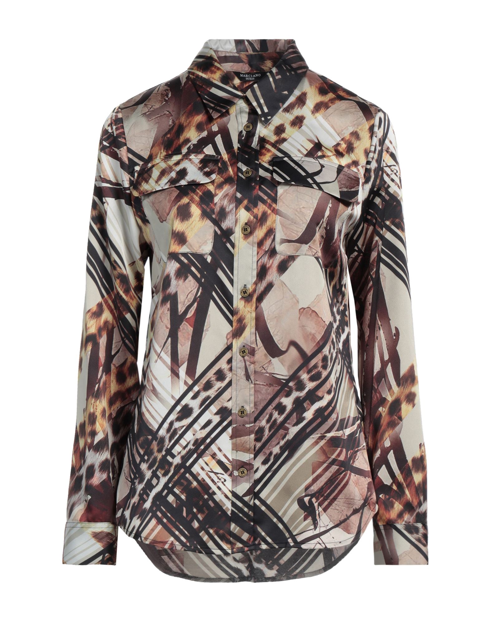 새틴, 브랜드 로고, 레오파드 패턴, 클래식 칼라, 롱 슬리브, 버튼 커프스, 버튼 여밈, 포켓 2개, 세탁기로 세탁, 표백 금지, 건조기 사용가능, 셔츠. 이미지