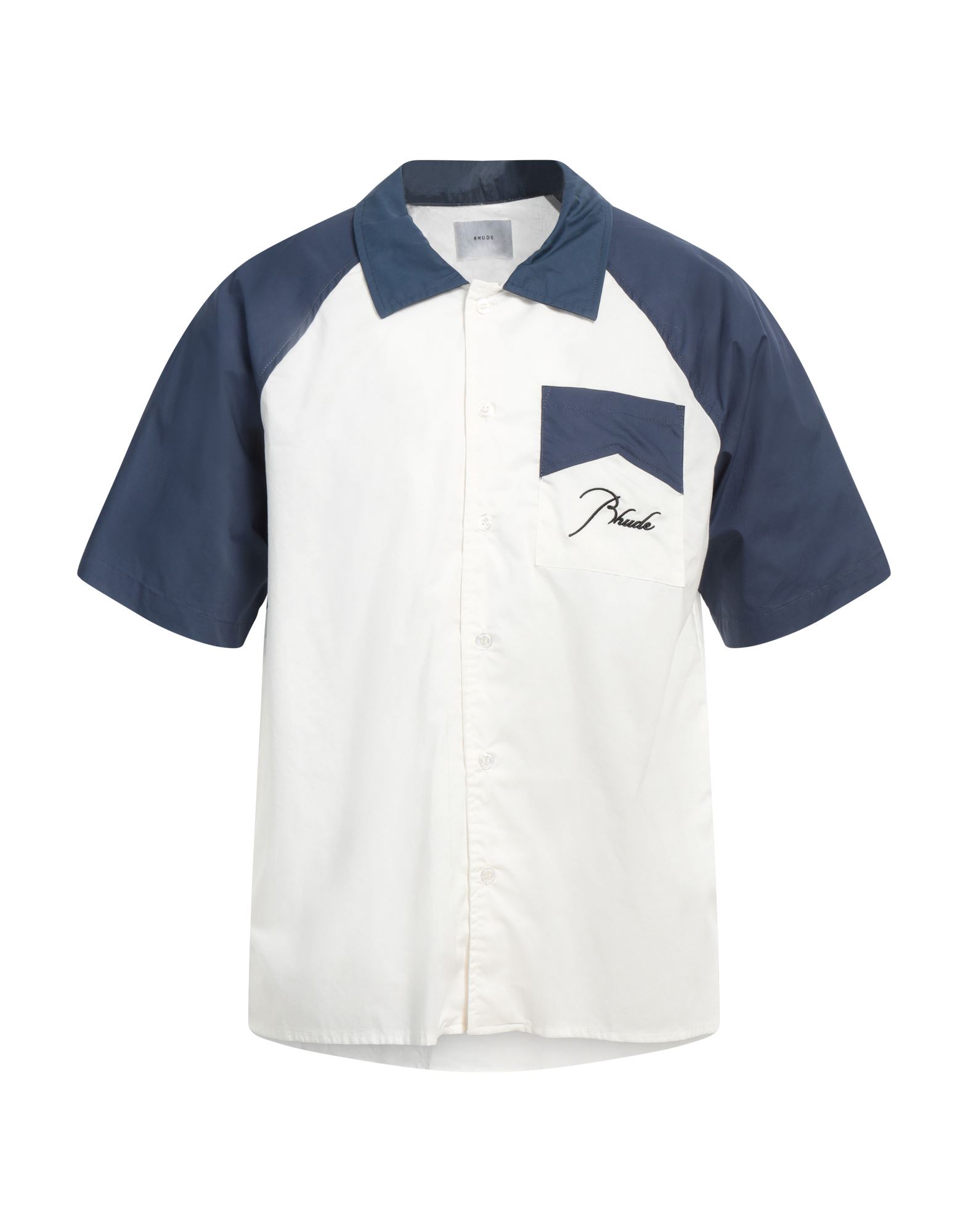 레귤러 셔츠, 우븐, 투톤 패턴, 자수 로고 장식, 클래식 칼라, 쇼트 슬리브, 버튼 여밈, 포켓 1개, 드라이클리닝, 표백 금지, 건조기 사용불가. 이미지