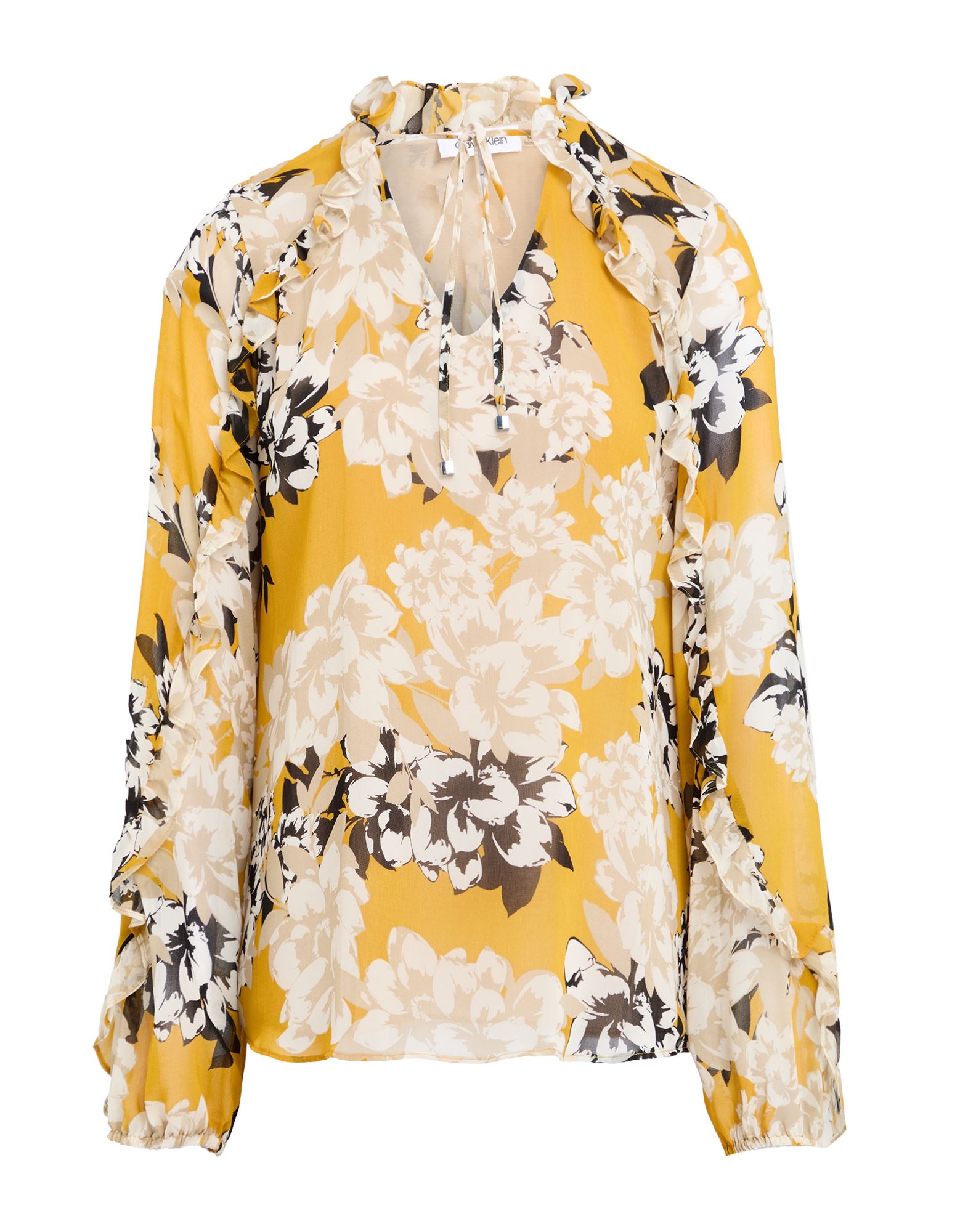 루쉬 디테일 탑, 크레이프, 플로럴 모티브, 장식 부착 없음, v 네크라인, 롱 슬리브, 안감있음, 세탁기 세탁 또는 드라이클리닝, 표백 금지, 건조기 사용불가. 이미지