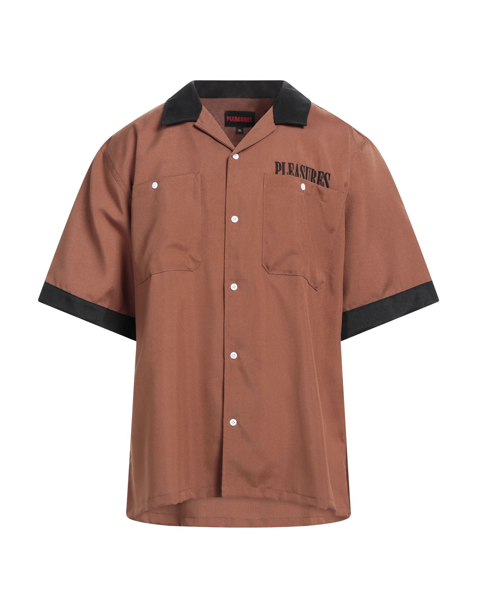 레귤러 셔츠, 우븐, 투톤 패턴, 자수 로고 장식, 자수 장식, 캠프 칼라, 쇼트 슬리브, 버튼 여밈, 포켓 2개, 드라이클리닝, 표백 금지, 건조기 사용불가, 다림질 금지. 이미지